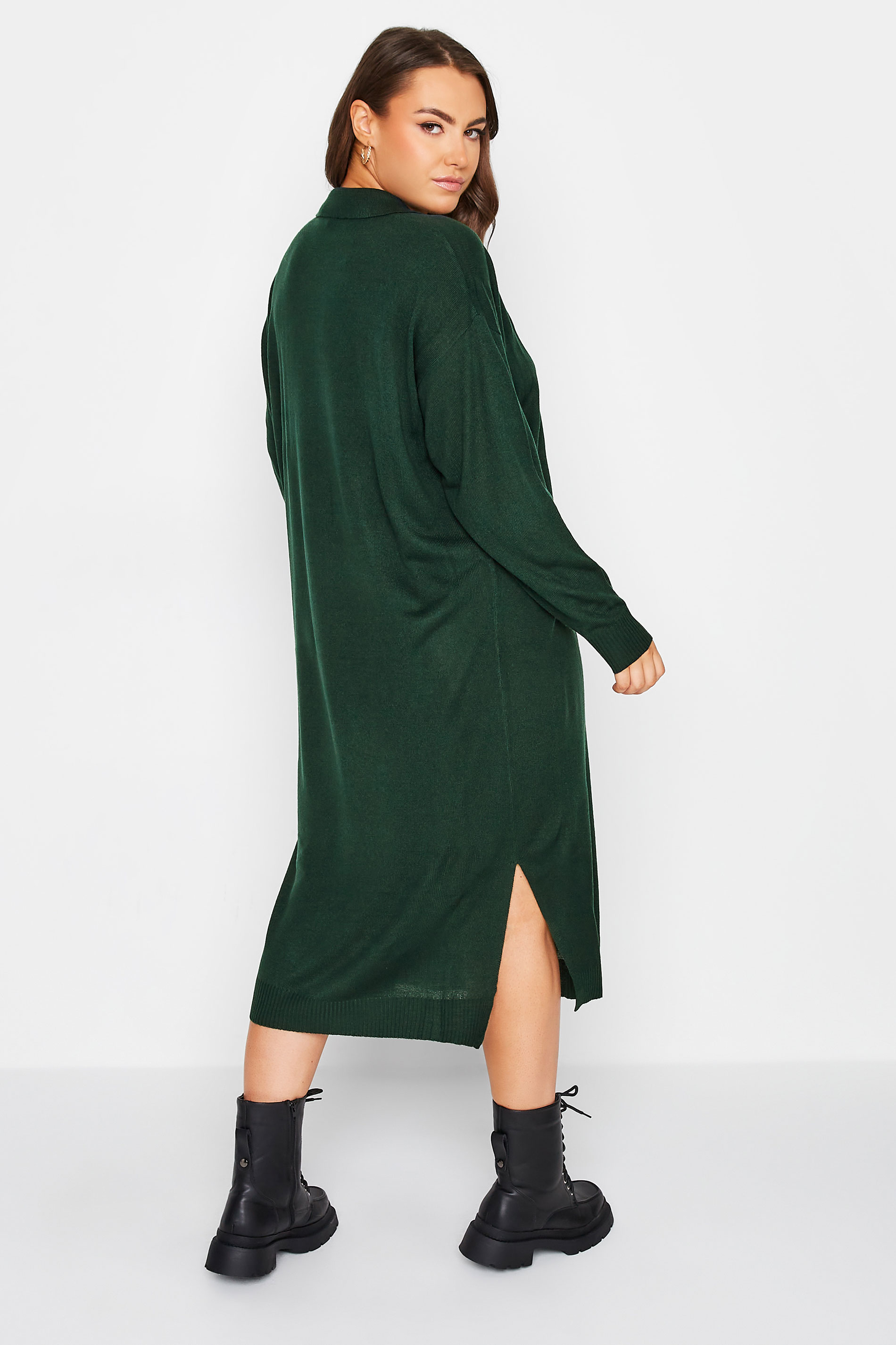 Plus Size Forest Green Open Collar Knitted Jumper Dress | Yours Clothing 3