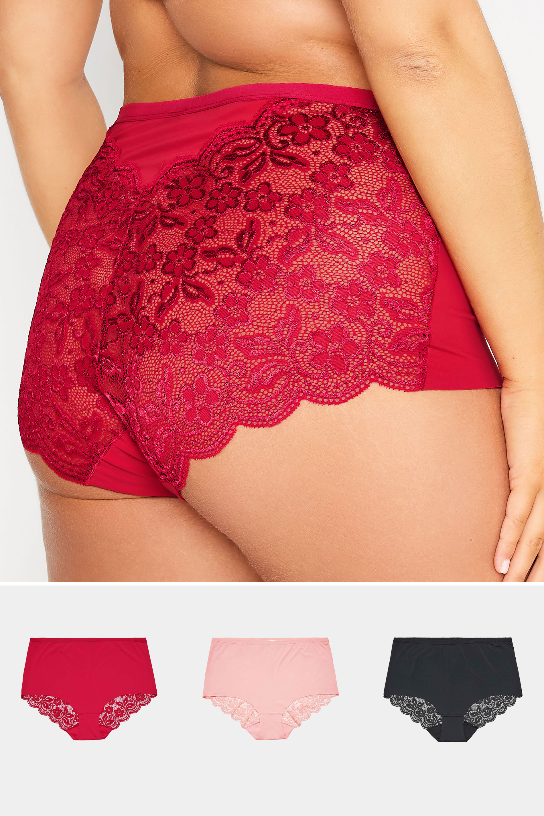 3 PACK Plus Size Red & Black Lace Back High Waisted Knickers | Yours Clothing 1
