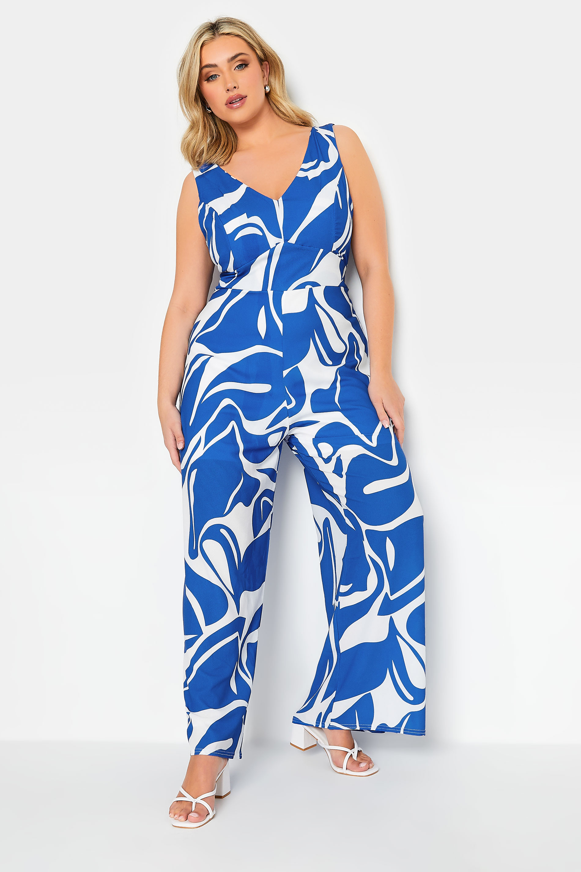 YOURS PETITE Curve Blue Swirl Print Wide Leg Jumpsuit | Yours Clothing 2