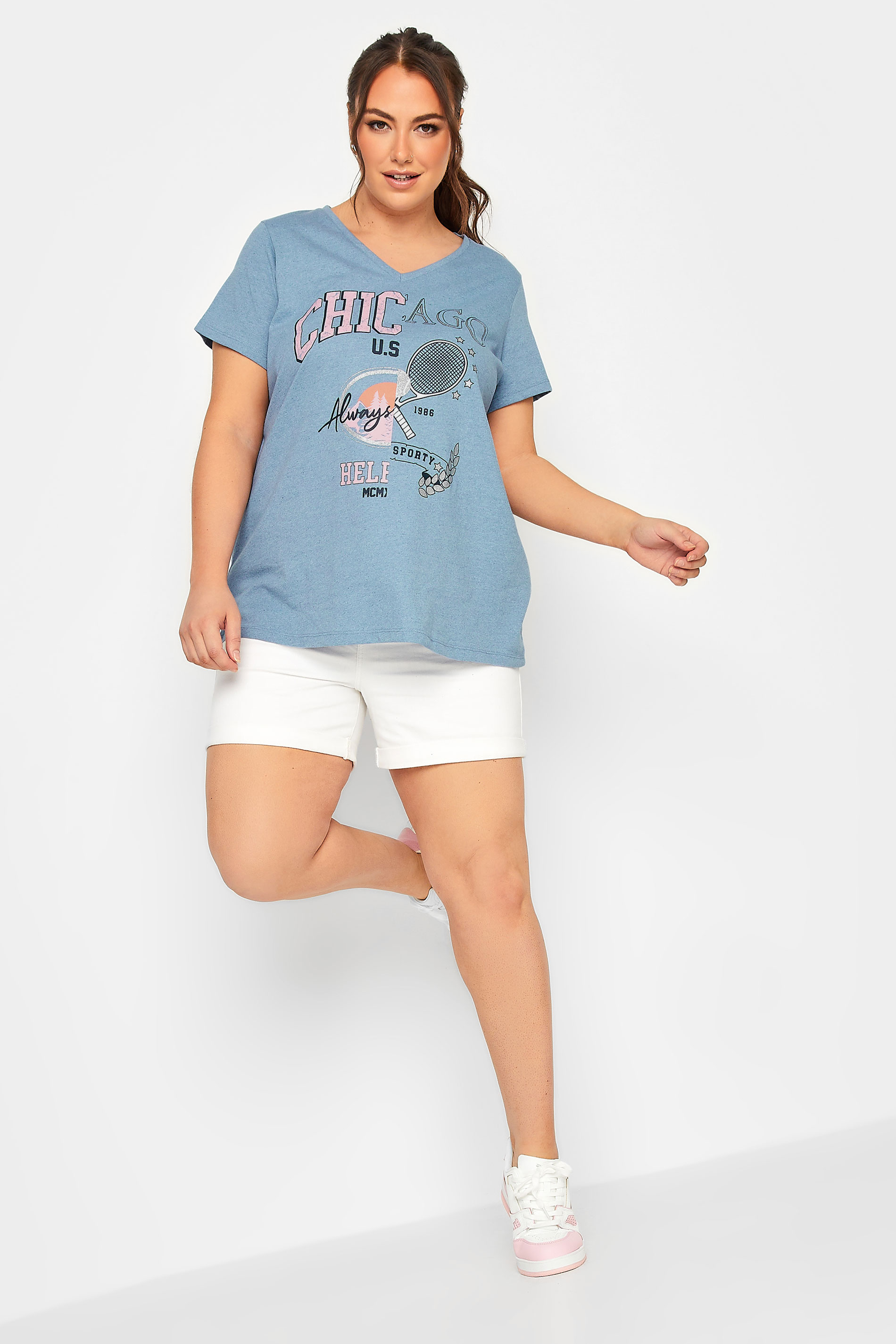 YOURS Plus Size Blue 'Chicago' Printed V-Neck T-Shirt | Yours Clothing 2