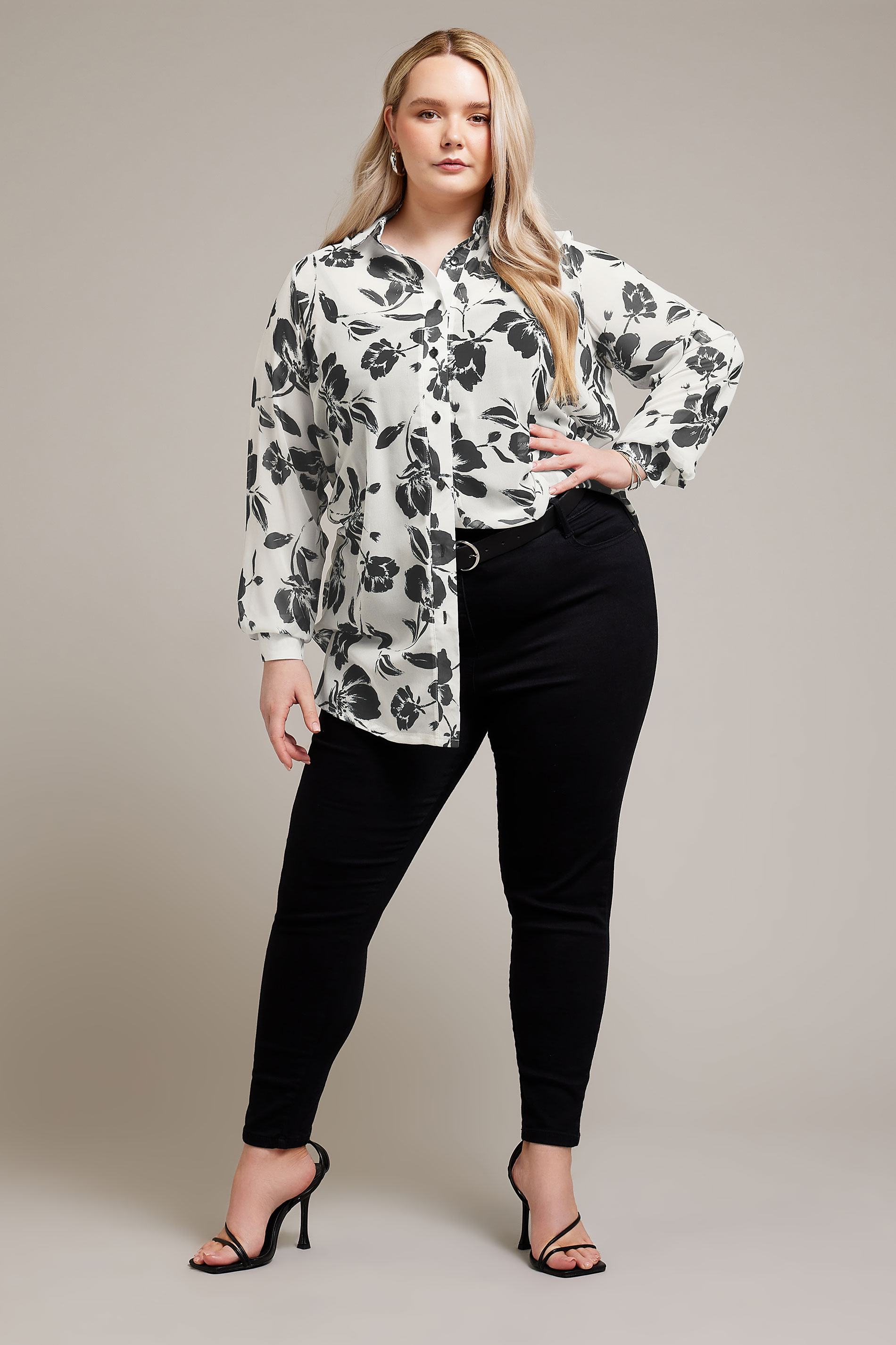 YOURS LONDON Plus Size Ivory White & Black Floral Boyfriend Shirt | Yours Clothing 1