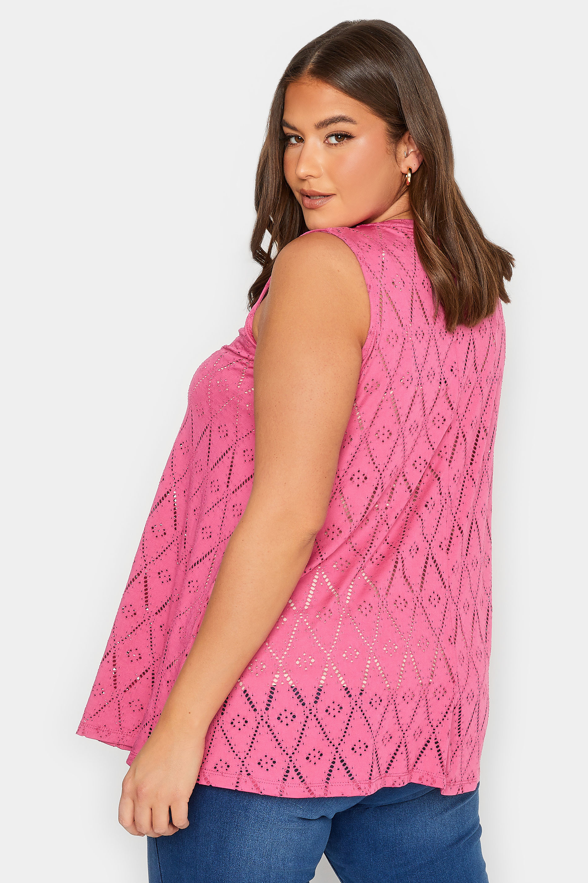 YOURS Plus Size Pink Broderie Anglaise Swing Vest Top | Yours Clothing 3