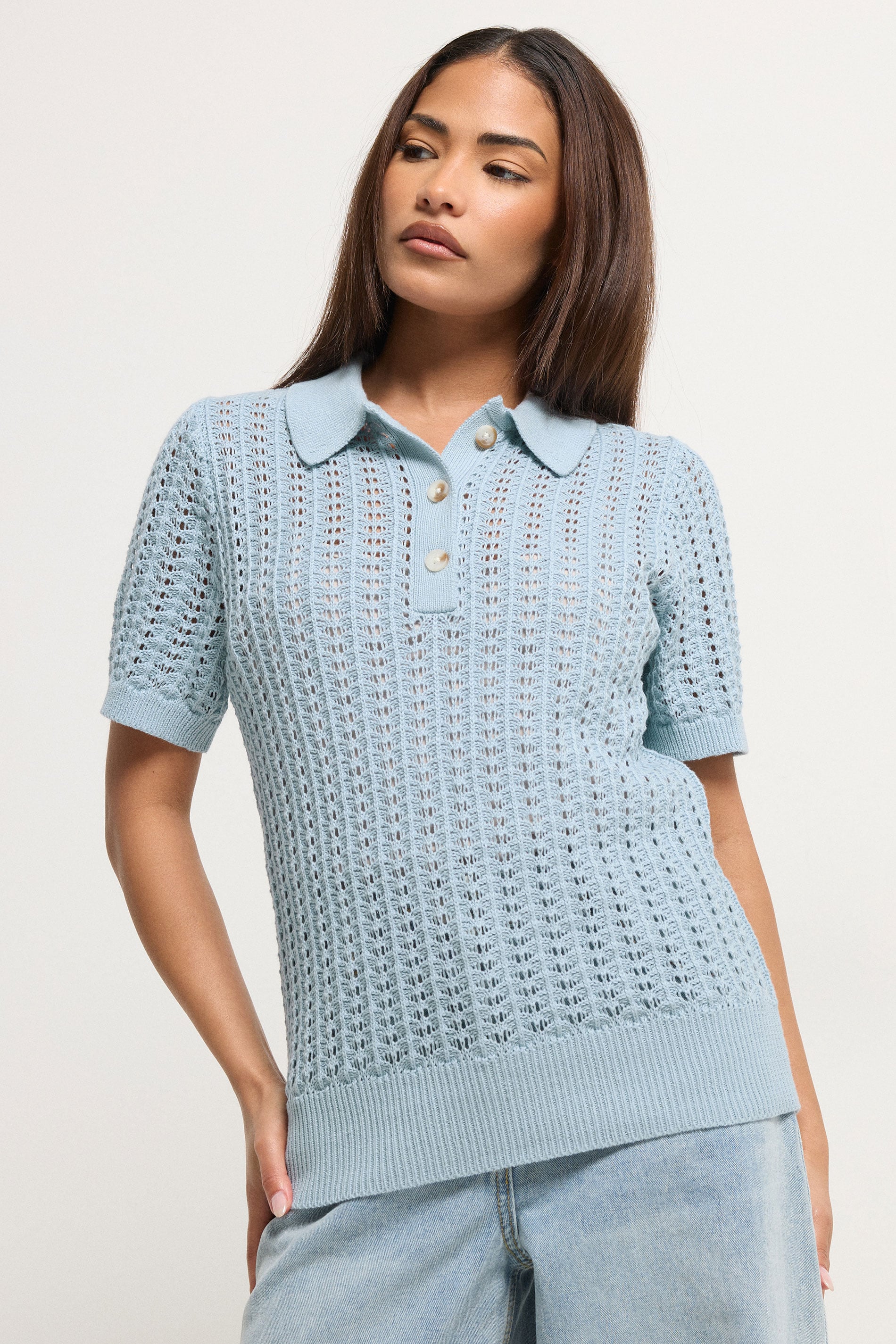 PixieGirl Petite Women's Light Blue Crochet Polo Top | PixieGirl 1