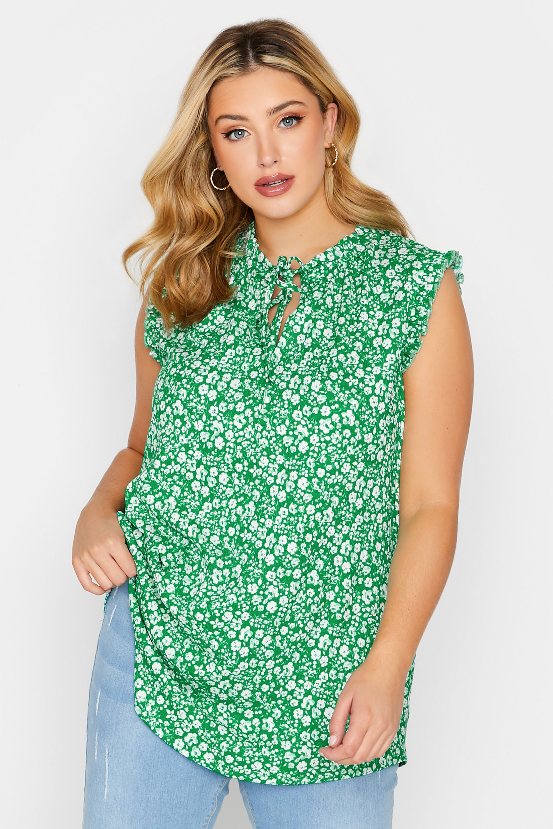 YOURS Plus Size Green Floral Print Frill Sleeve Blouse | Yours Clothing 1