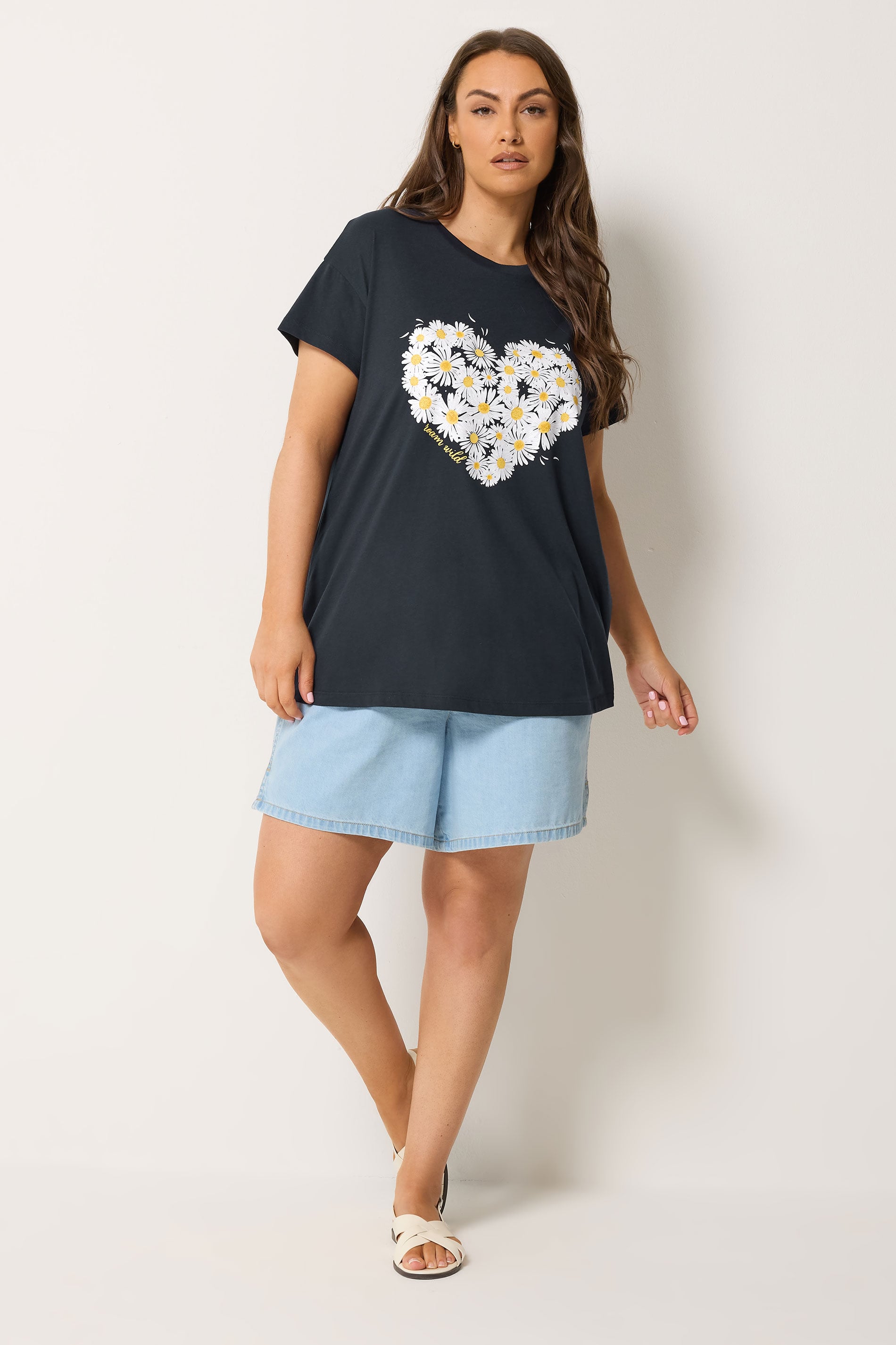 YOURS Plus Size Navy Daisy Heart Print T-Shirt | Yours Clothing 1