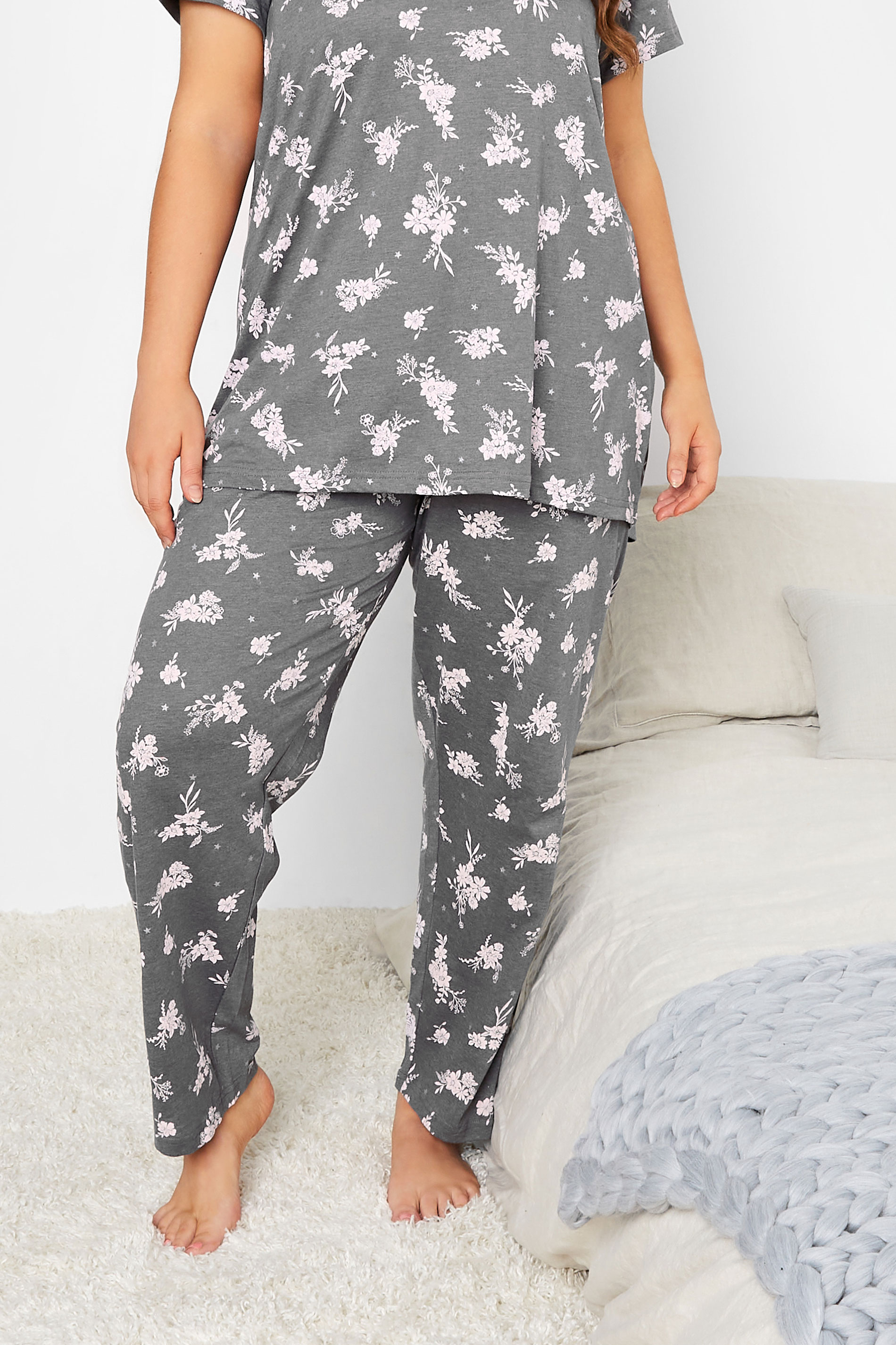 Curve Grey Floral Print Wide Leg Pyjama Bottoms 1