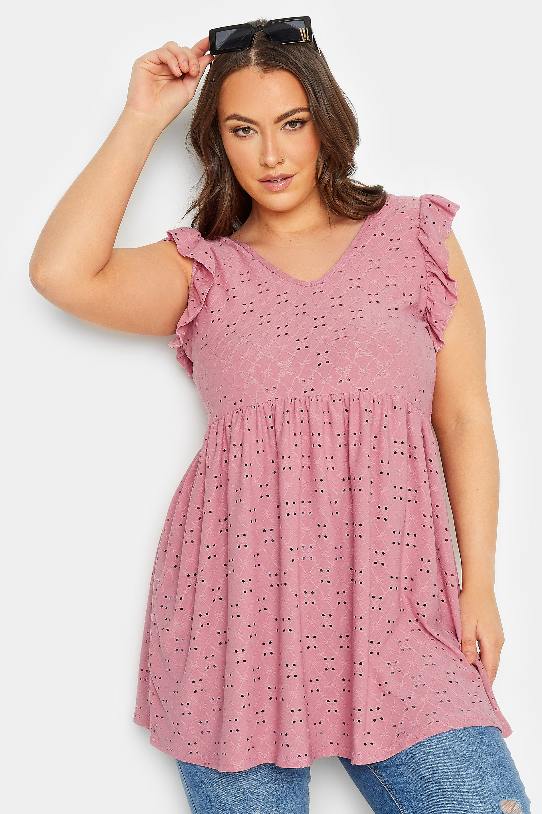 LIMITED COLLECTION Plus Size Pink Broderie Anglaise Frill Top | Yours Clothing 1