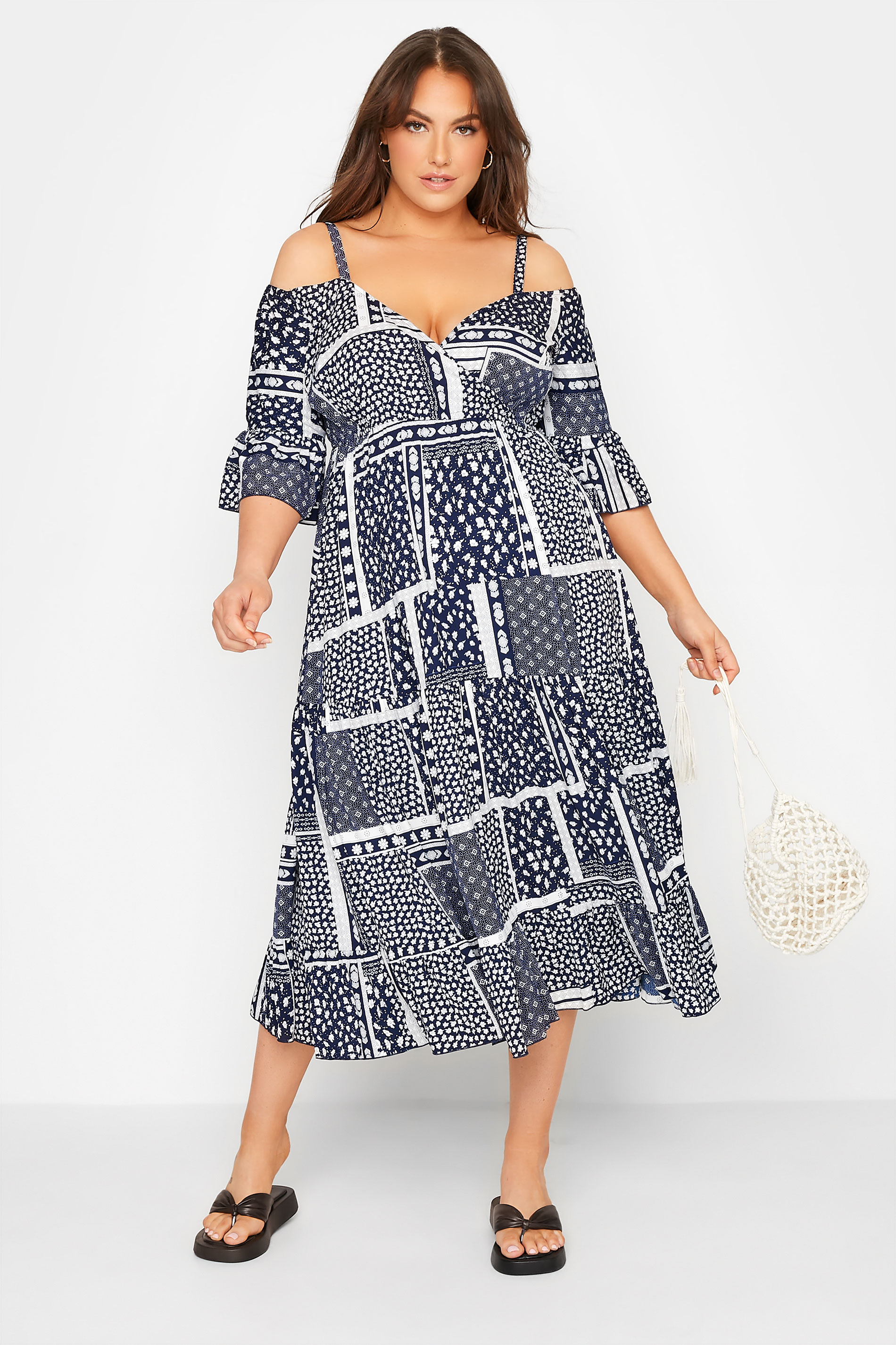 LIMITED COLLECTION Plus Size Navy Blue Patchwork Print Cold Shoulder Dress | Yours Clothing 1