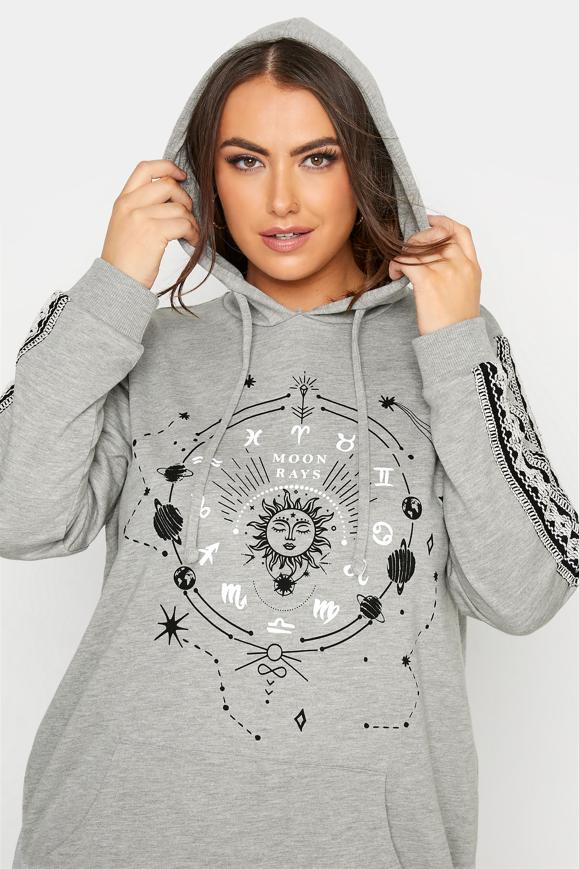 Plus Size Grey Zodiac Graphic Print Embroidered Hoodie | Yours Clothing