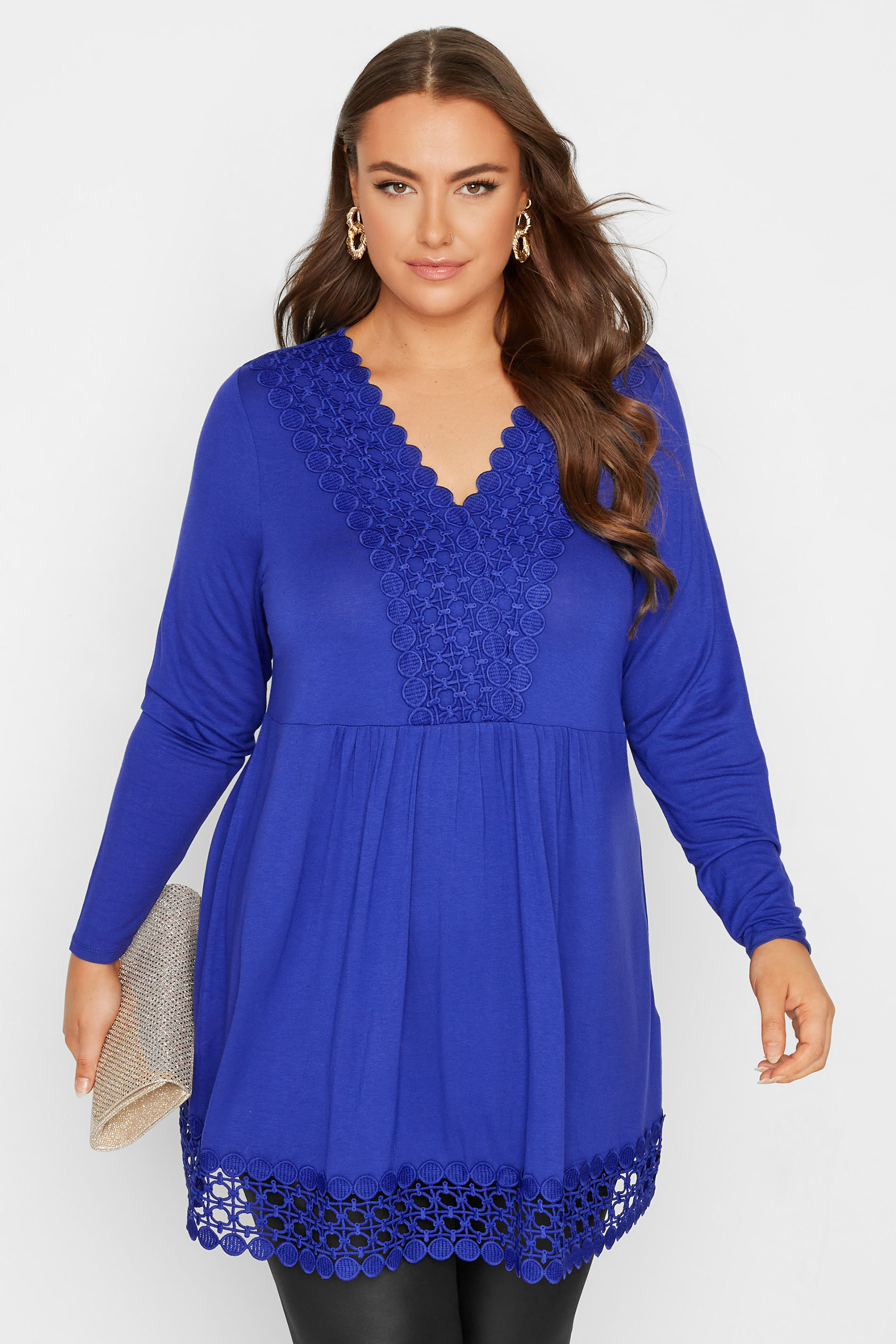 Plus Size Blue Crochet Trim Long Sleeve Tunic Top | Yours Clothing 1