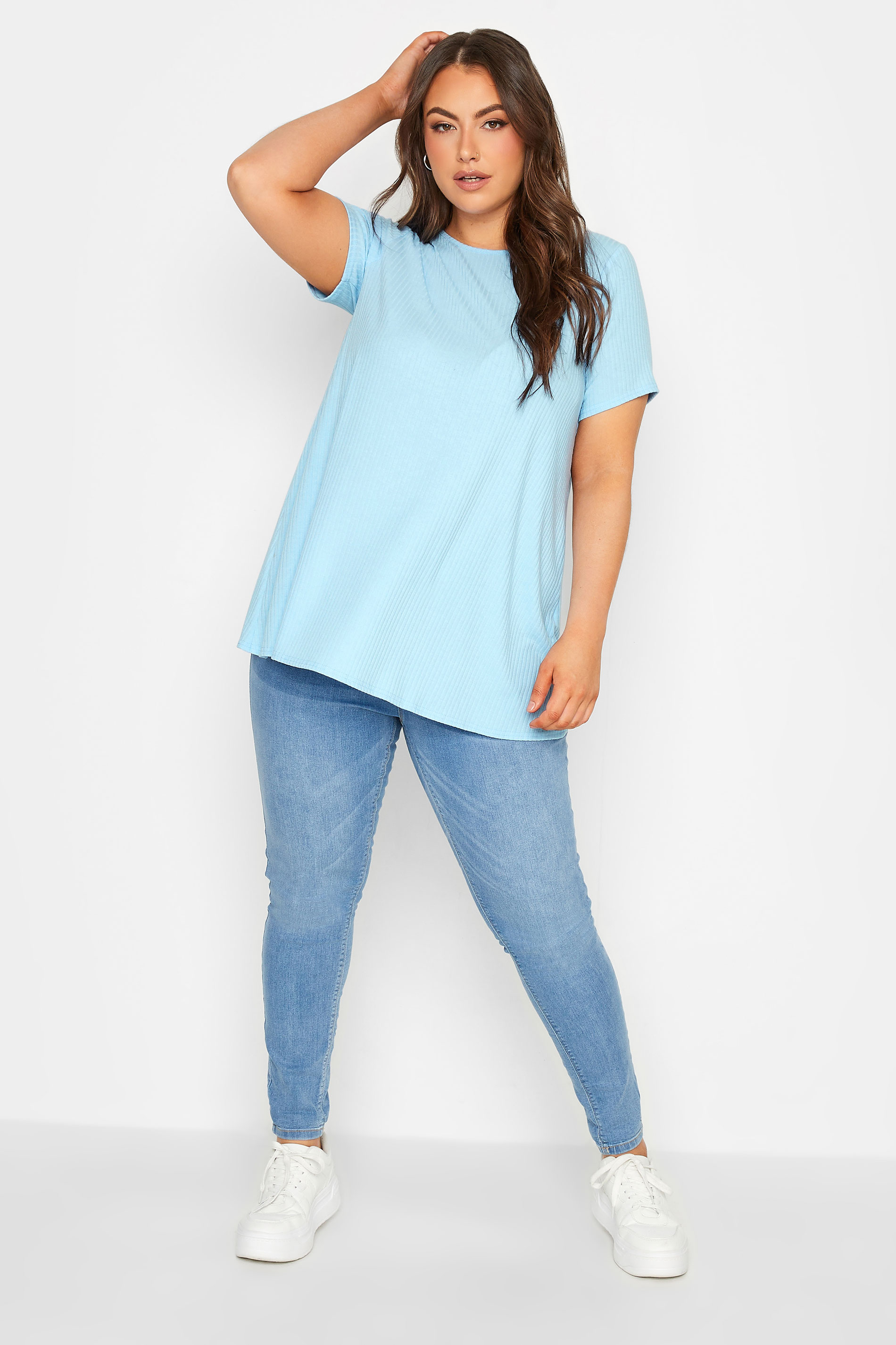 YOURS Plus Size Light Blue Ribbed T-Shirt | Yours Clothing 2