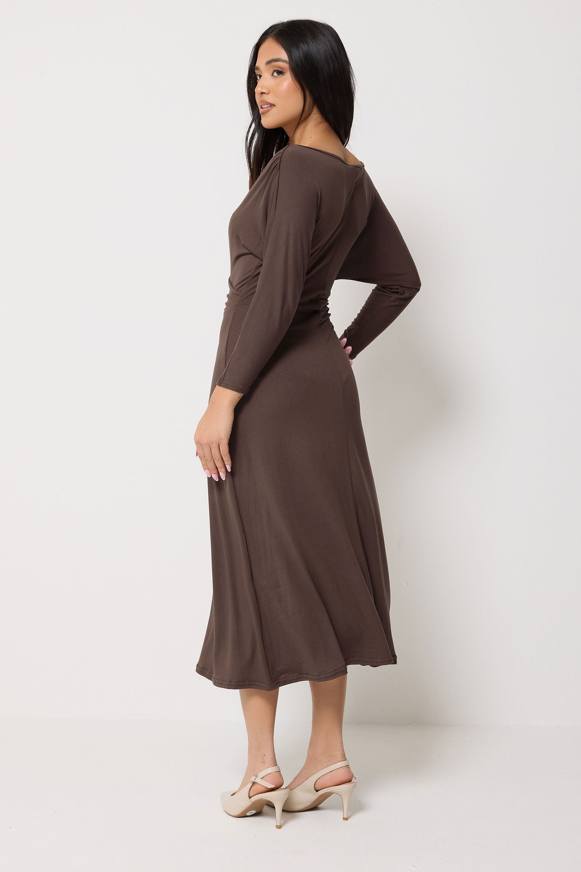 PixieGirl Petite Women's Chocolate Brown Wrap Midi Dress | PixieGirl 2