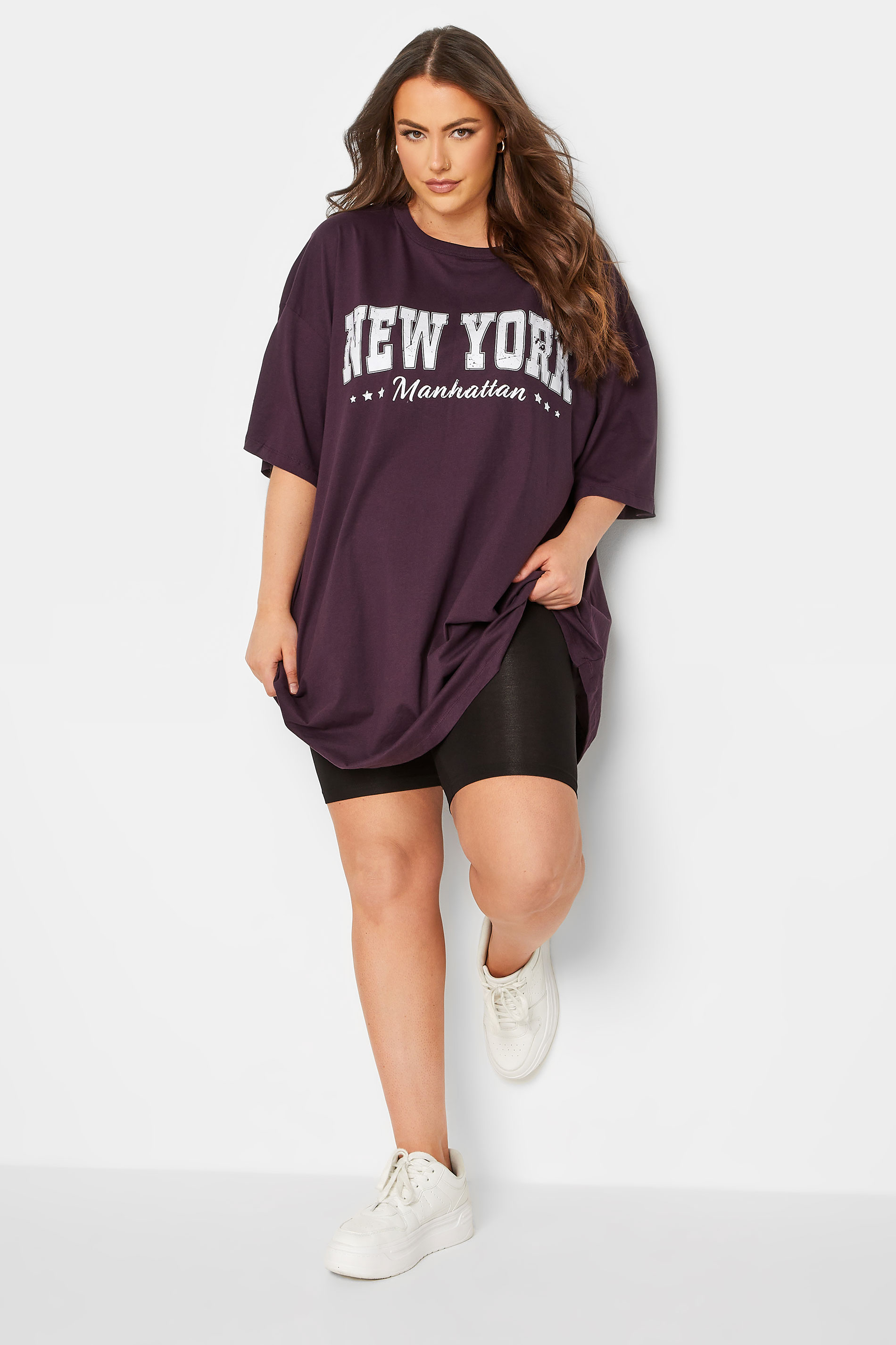 Plus Size Purple 'New York' Slogan Oversized Tunic T-Shirt Dress | Yours Clothing 2