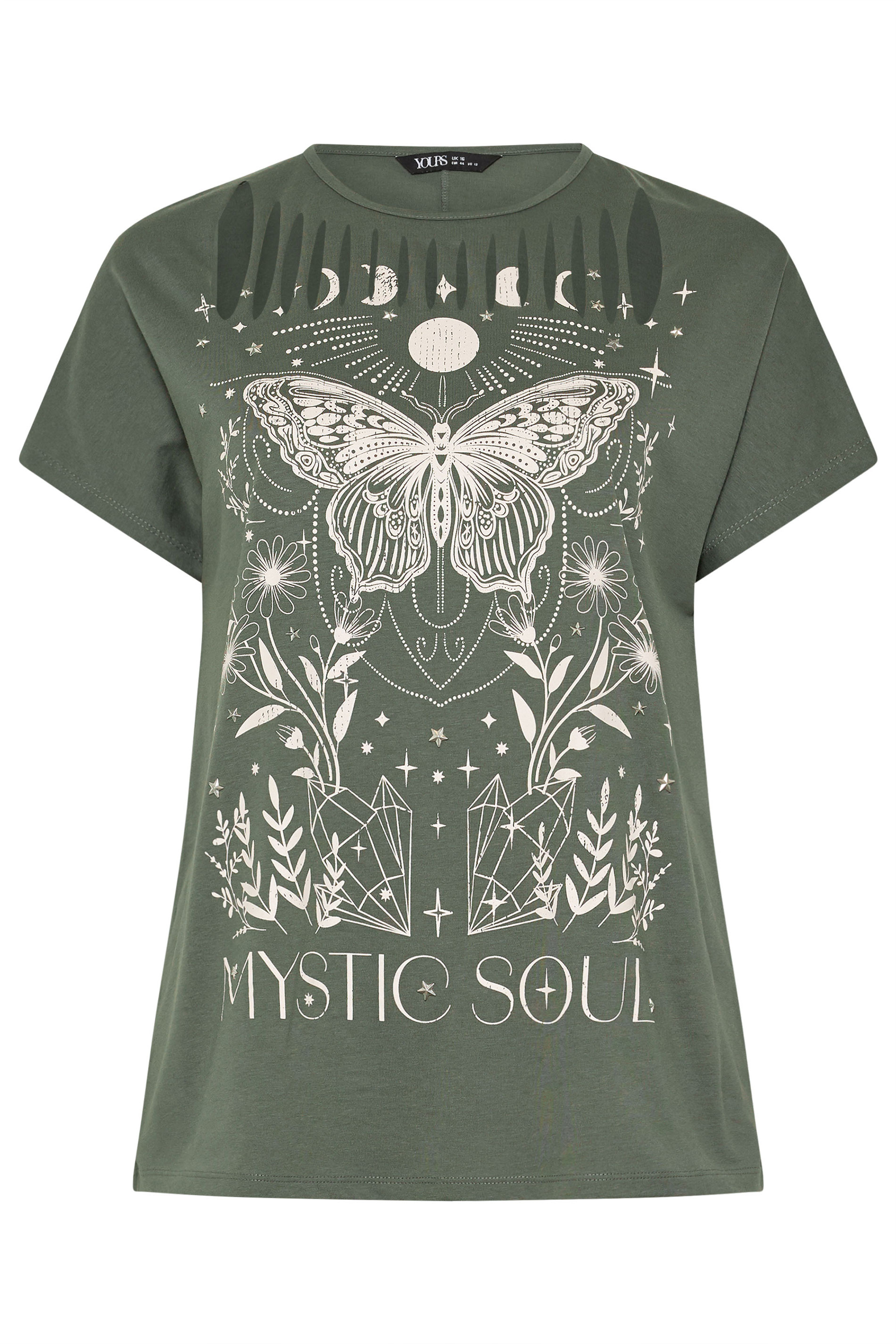 YOURS Plus Size Khaki Green  'Mystic Soul' Laser Cut Slogan T-Shirt | Yours Clothing 6