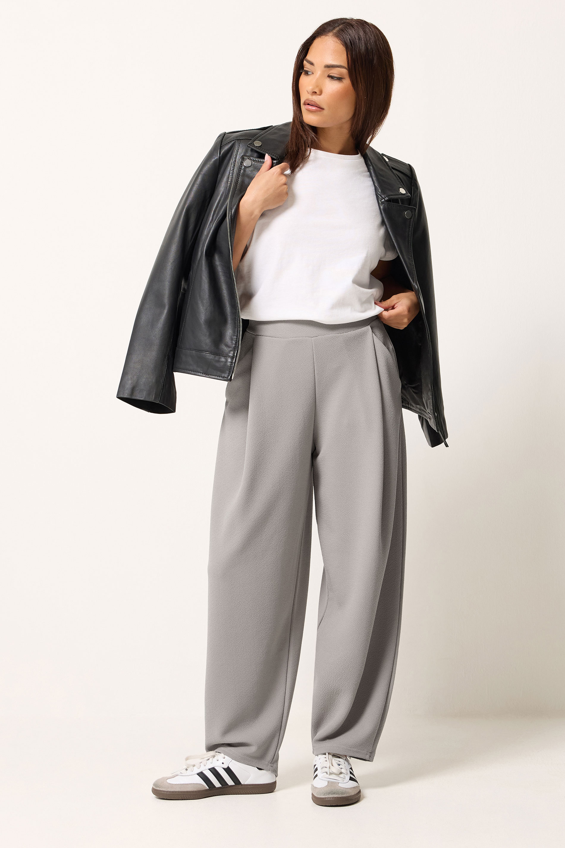 PixieGirl Petite Women's Grey Crinkle Barrel Leg Trousers | PixieGirl 3