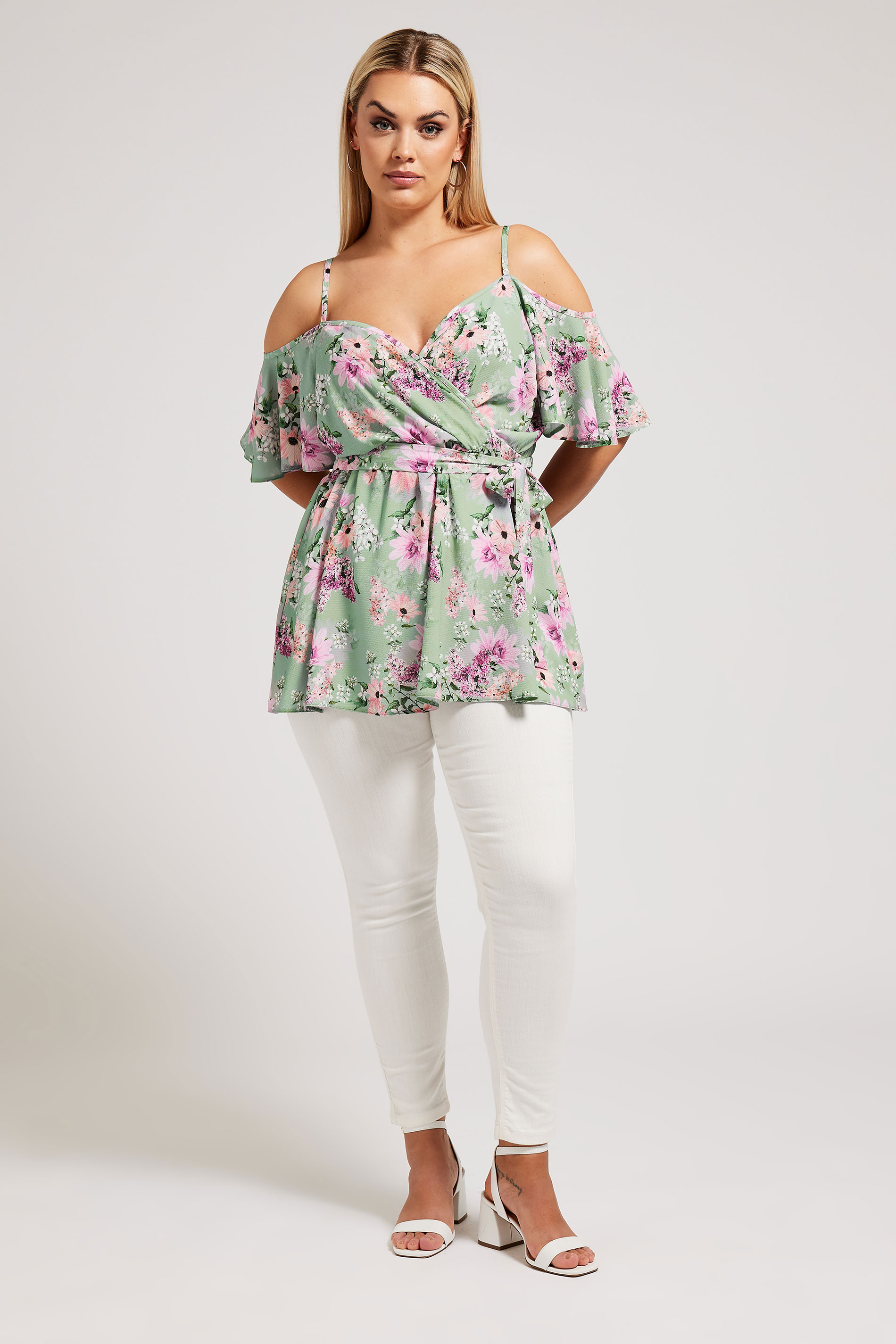 YOURS LONDON Plus Size Green Floral Print Cold Shoulder Top | Yours Clothing 2
