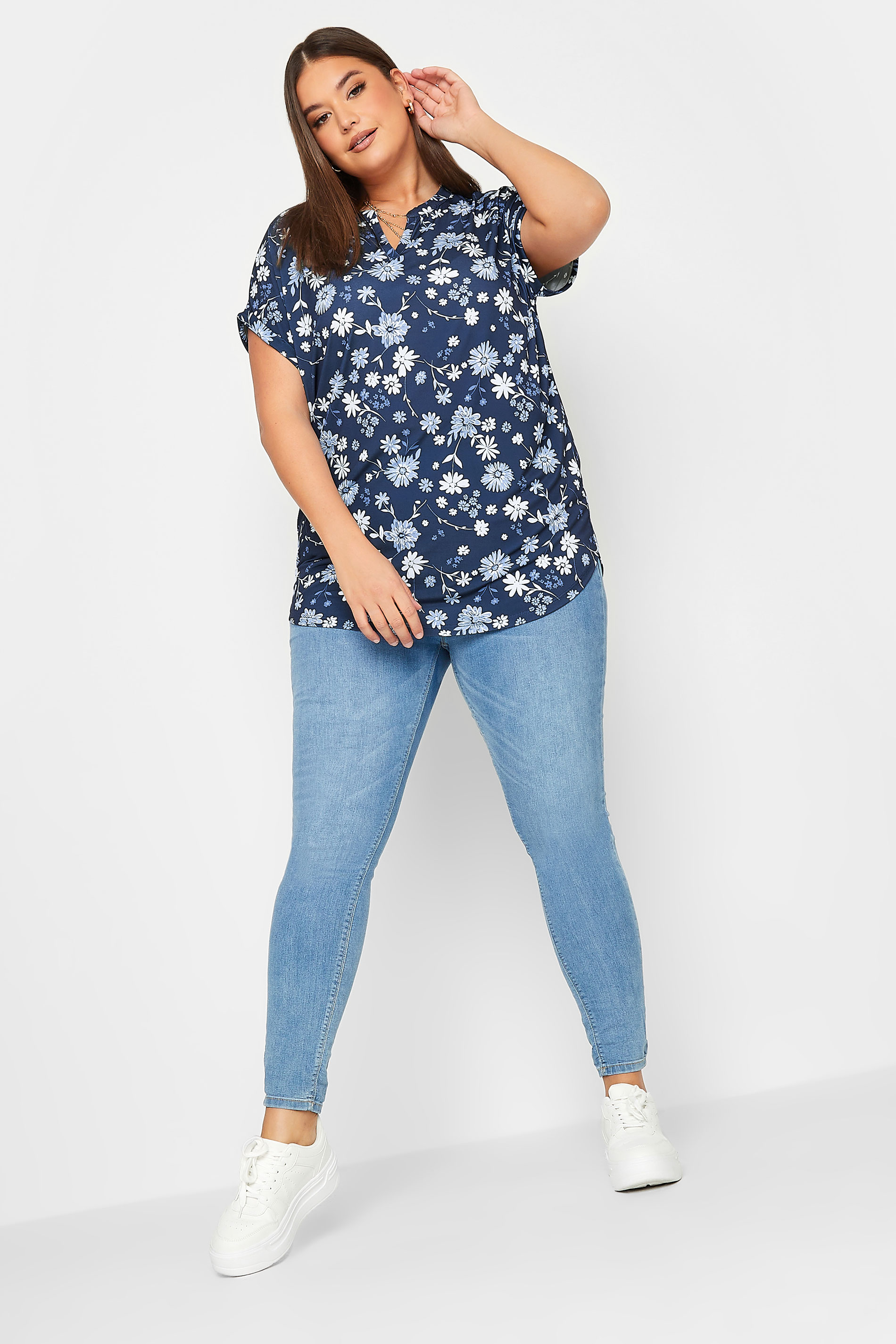 YOURS Curve Plus Size Navy Blue Floral V-Neck T-Shirt | Yours Clothing  2