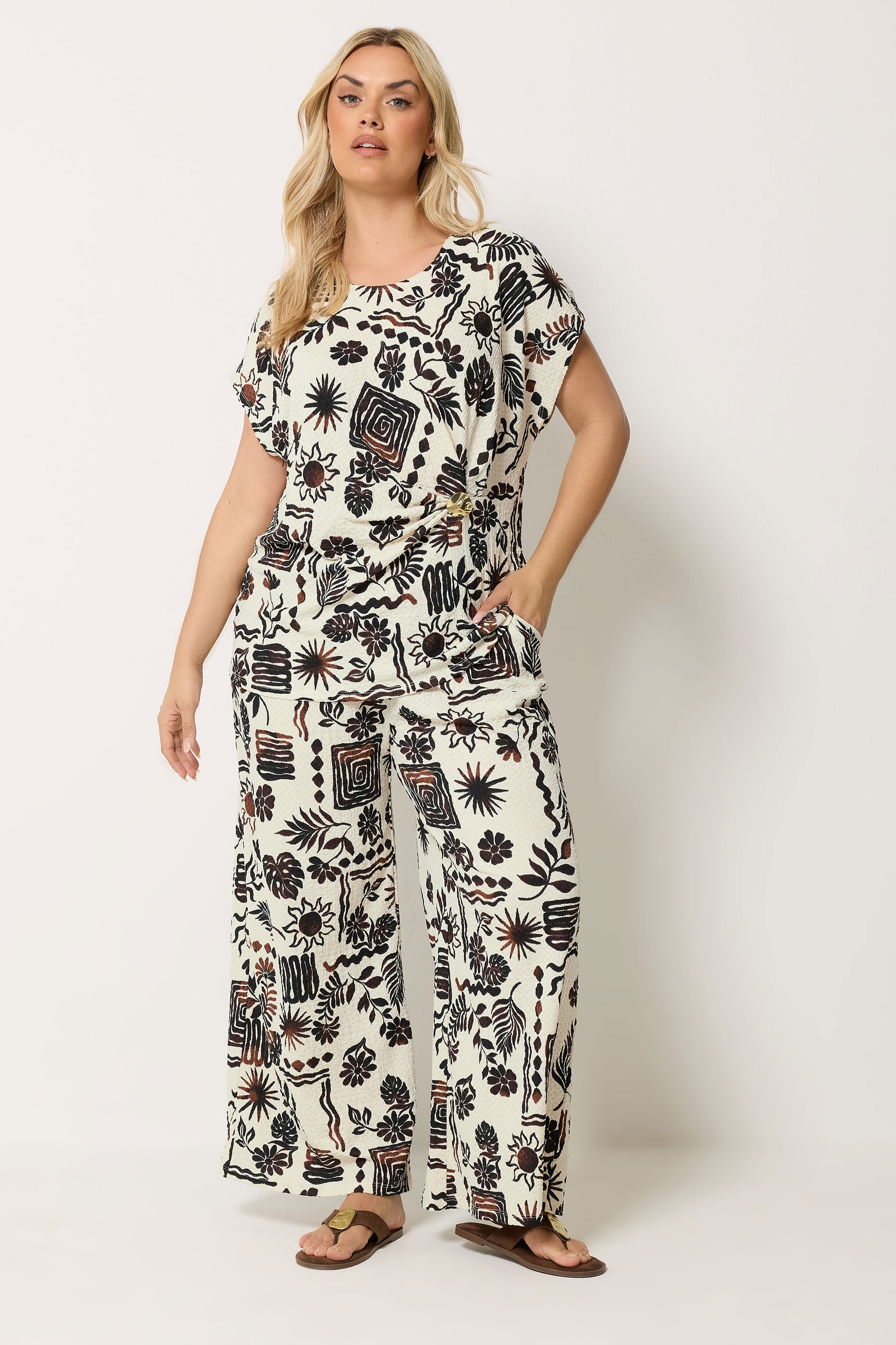 YOURS Plus Size Natural Brown Summer Print Crinkle Wide Leg Trousers | Yours Clothing 3