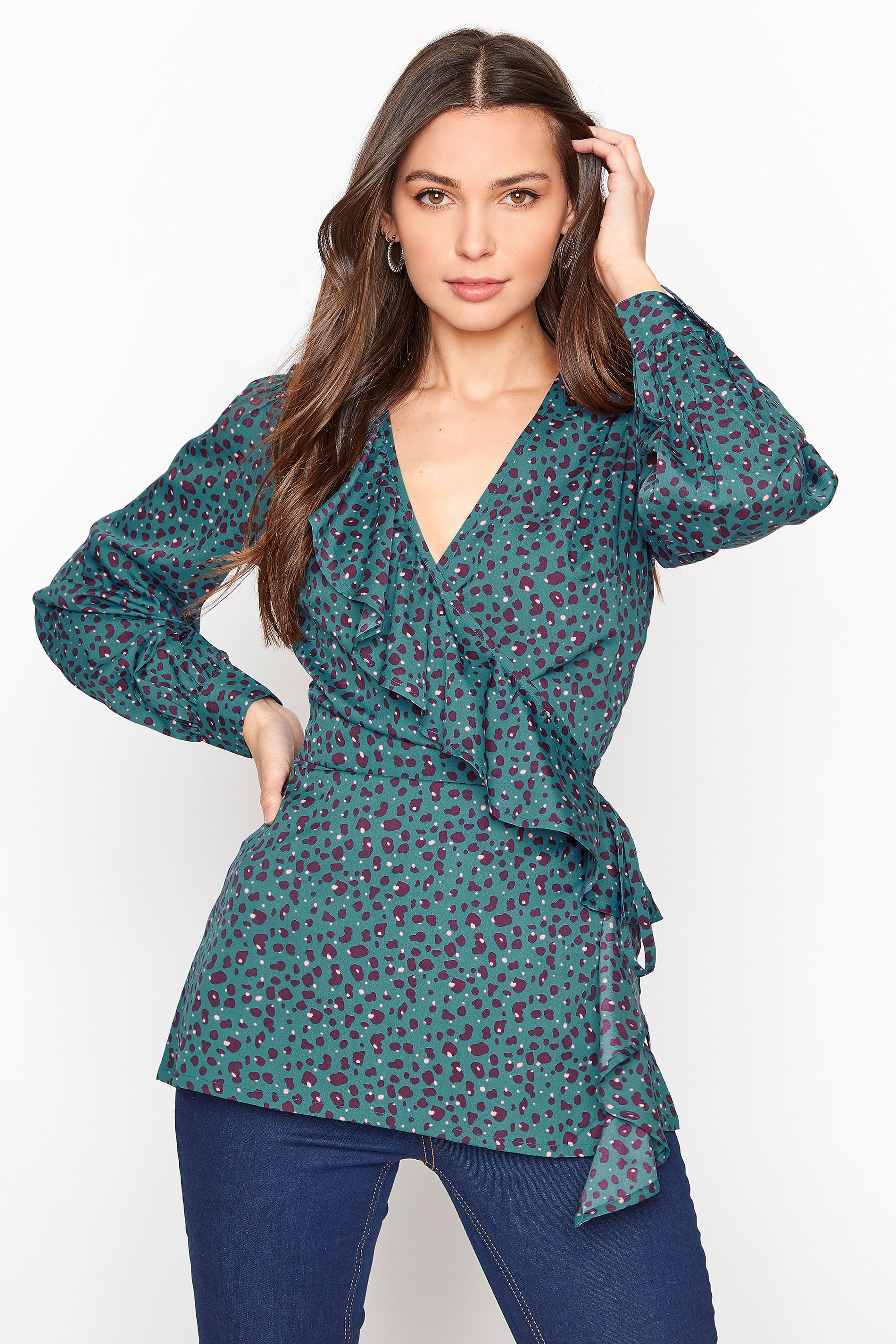 LTS Teal Blue Animal Print Wrap Blouse | Long Tall Sally