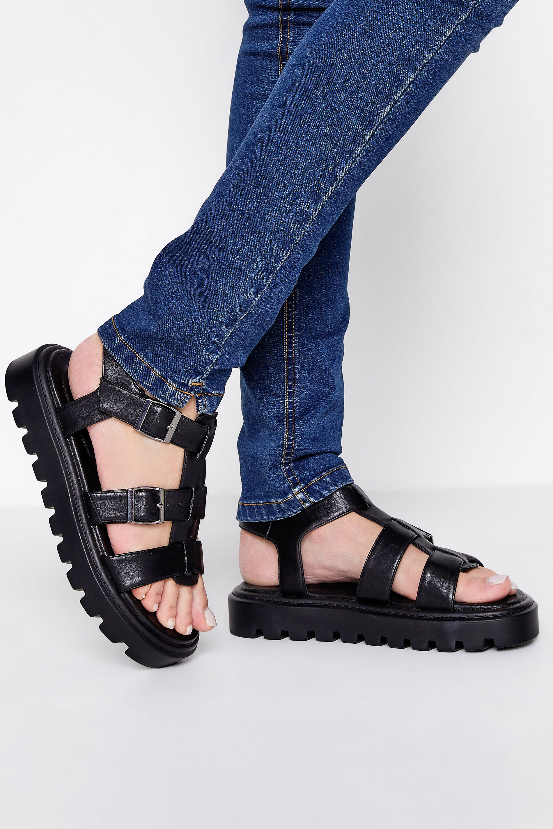 LTS Black Gladiator Sandals In Standard Fit | Long Tall Sally 1