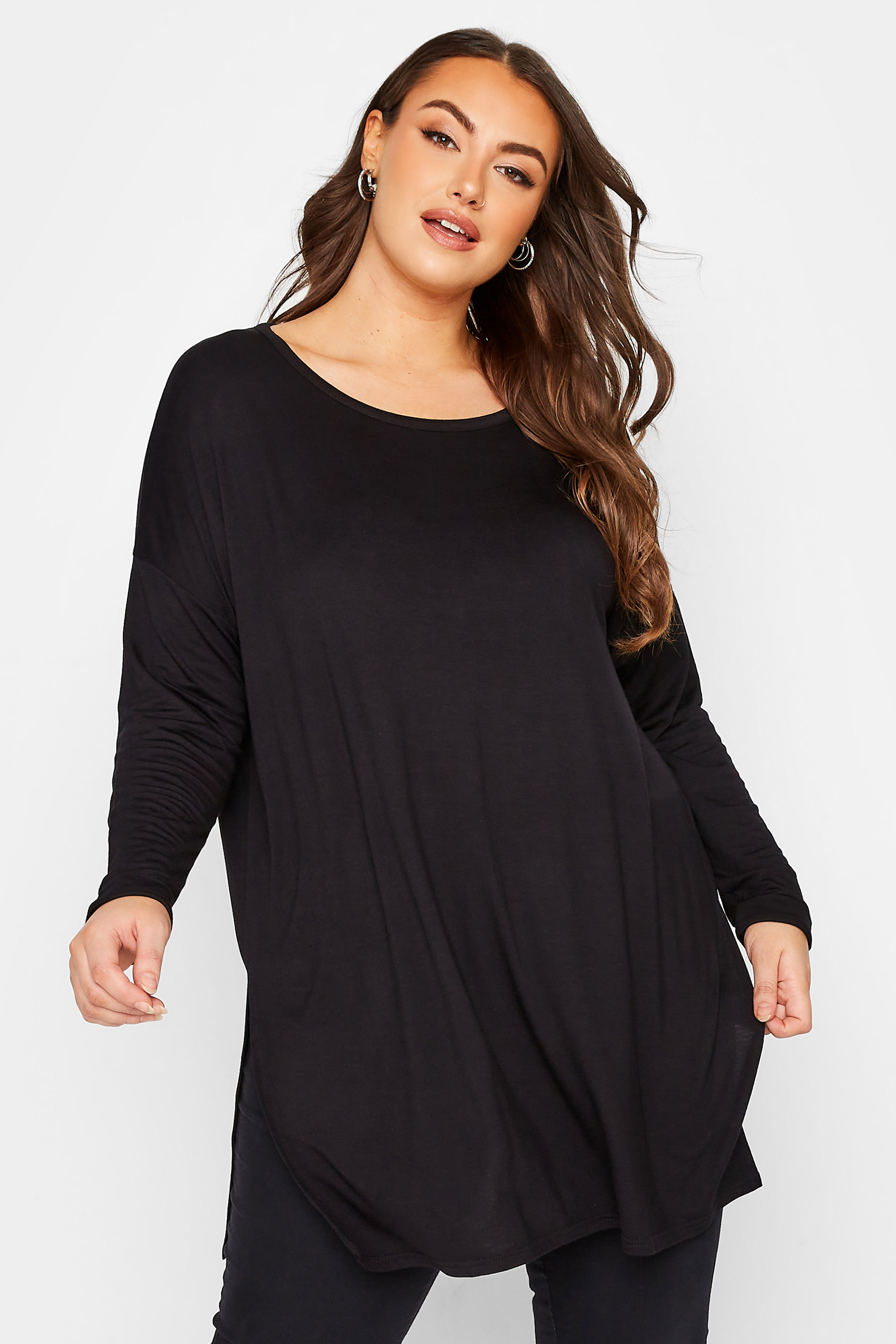 Plus Size Black Long Sleeve Oversized T-Shirt | Yours Clothing 1
