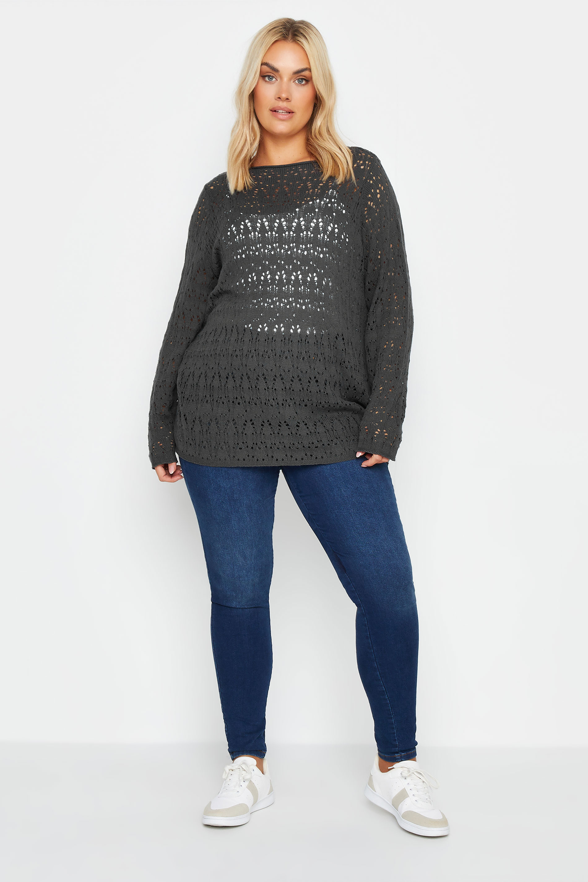YOURS Plus Size Grey Slash Neck Knitted Jumper | Yours Clothing 2