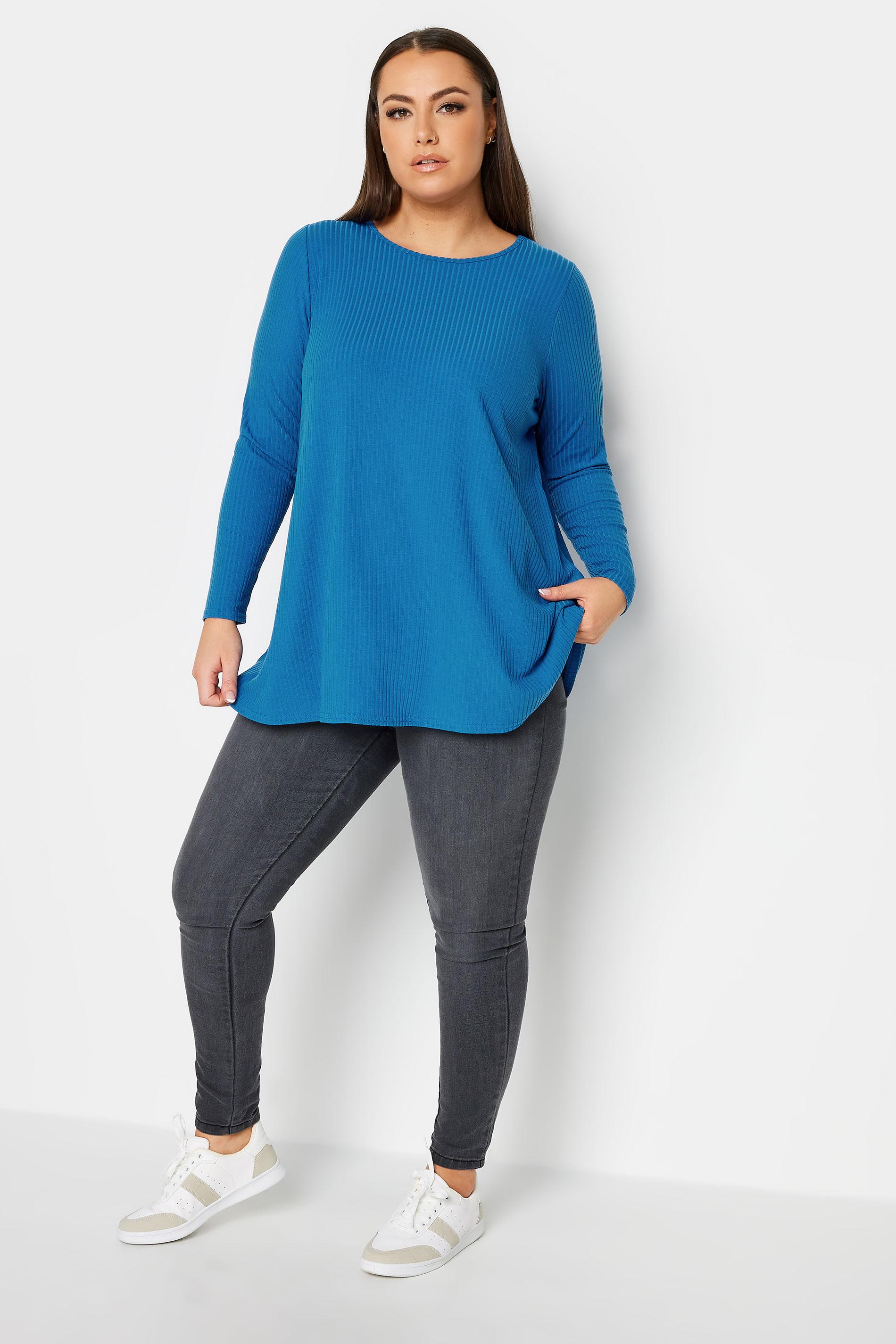 YOURS Plus Size Bright Blue Ribbed Swing T-Shirt | Yours Clothing 2