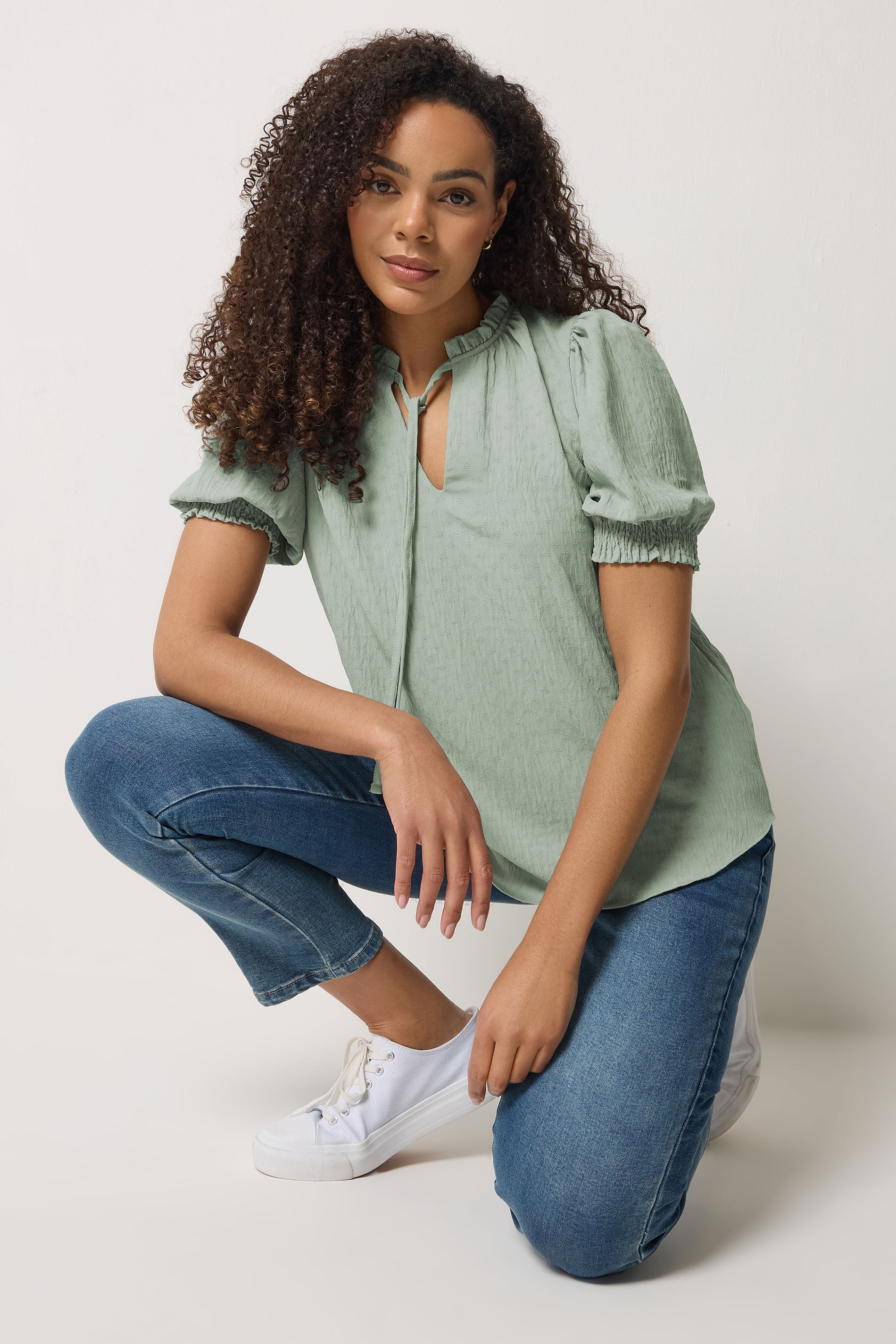 M&Co Green Pastel Tie Neck Frill Sleeve Blouse | M&Co 3
