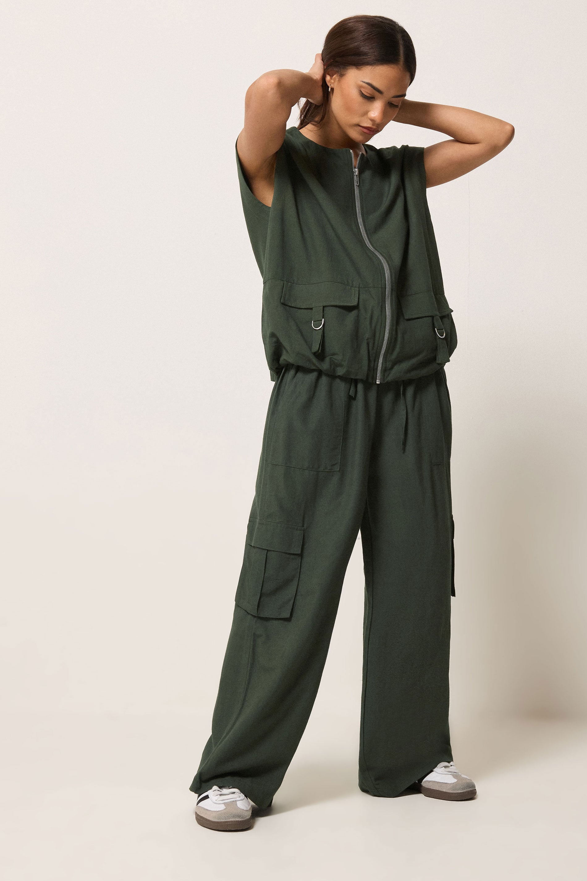 PixieGirl Petite Women's Set Khaki Green Cotton Cargo Gilet & Wide Leg Trousers | PixieGirl 3