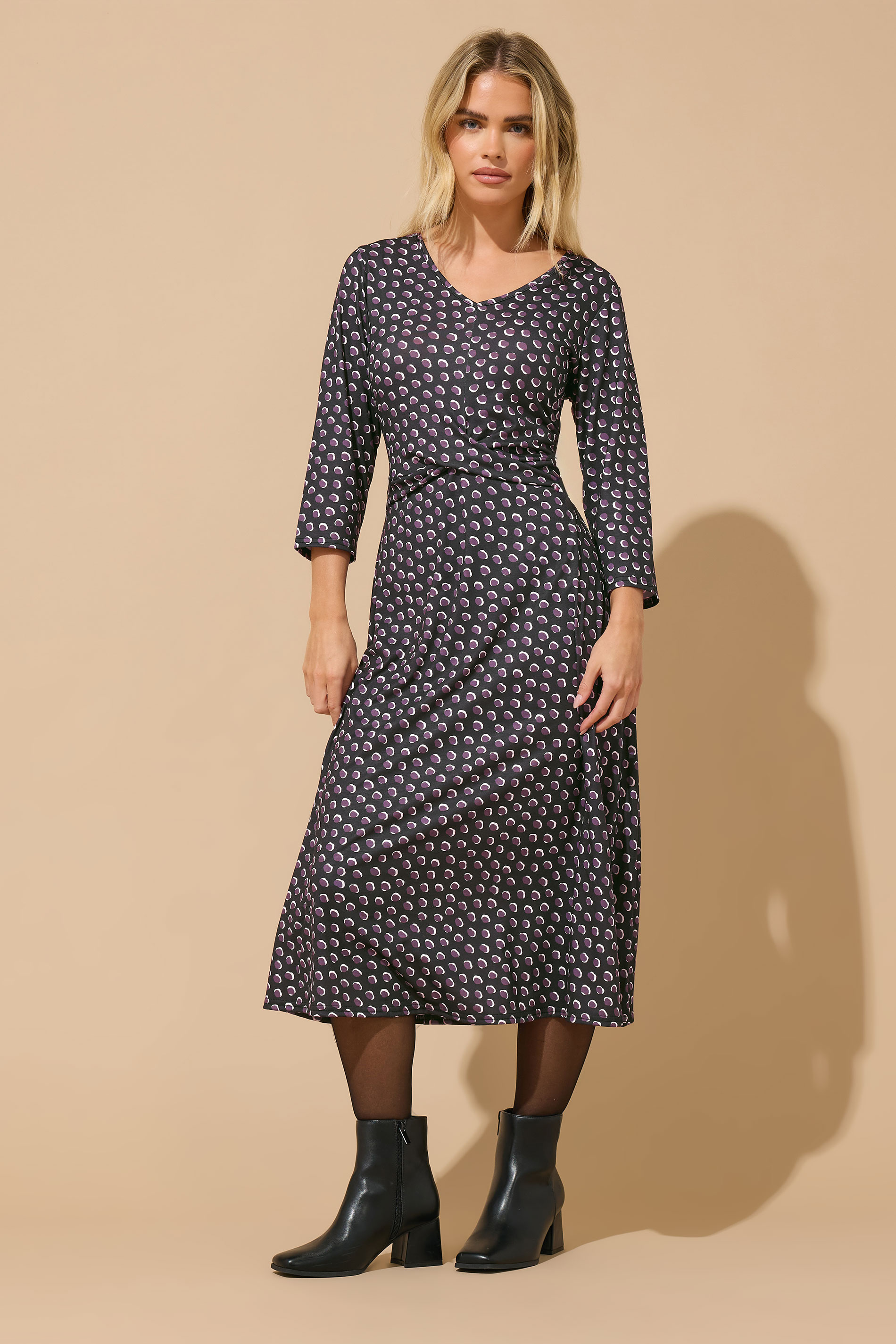 M&Co Petite Berry Purple Spot Twist Front Dress | M&Co 1