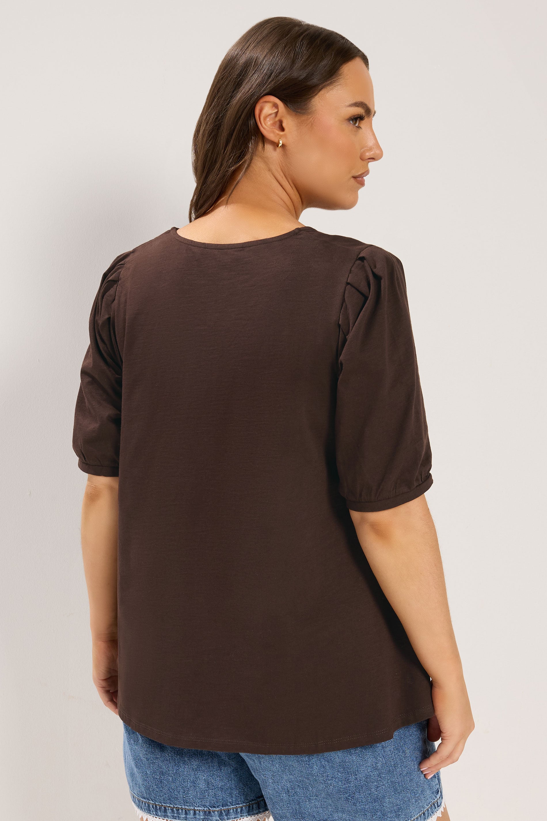 YOURS Plus Size Chocolate Brown Puff Sleeve Top | Yours Clothing 2