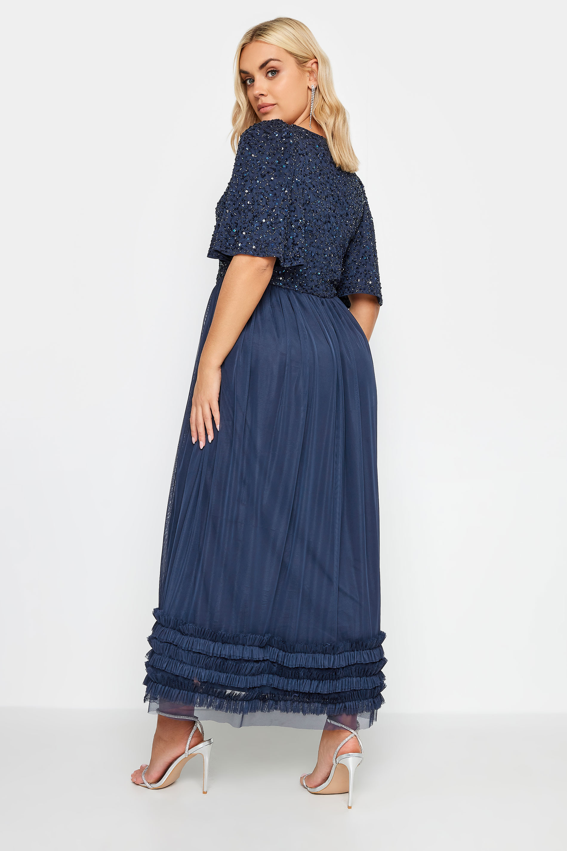 LUXE Plus Size Curve Navy Blue Sequin Sweetheart Ruffle Maxi Dress | Yours Clothing  3