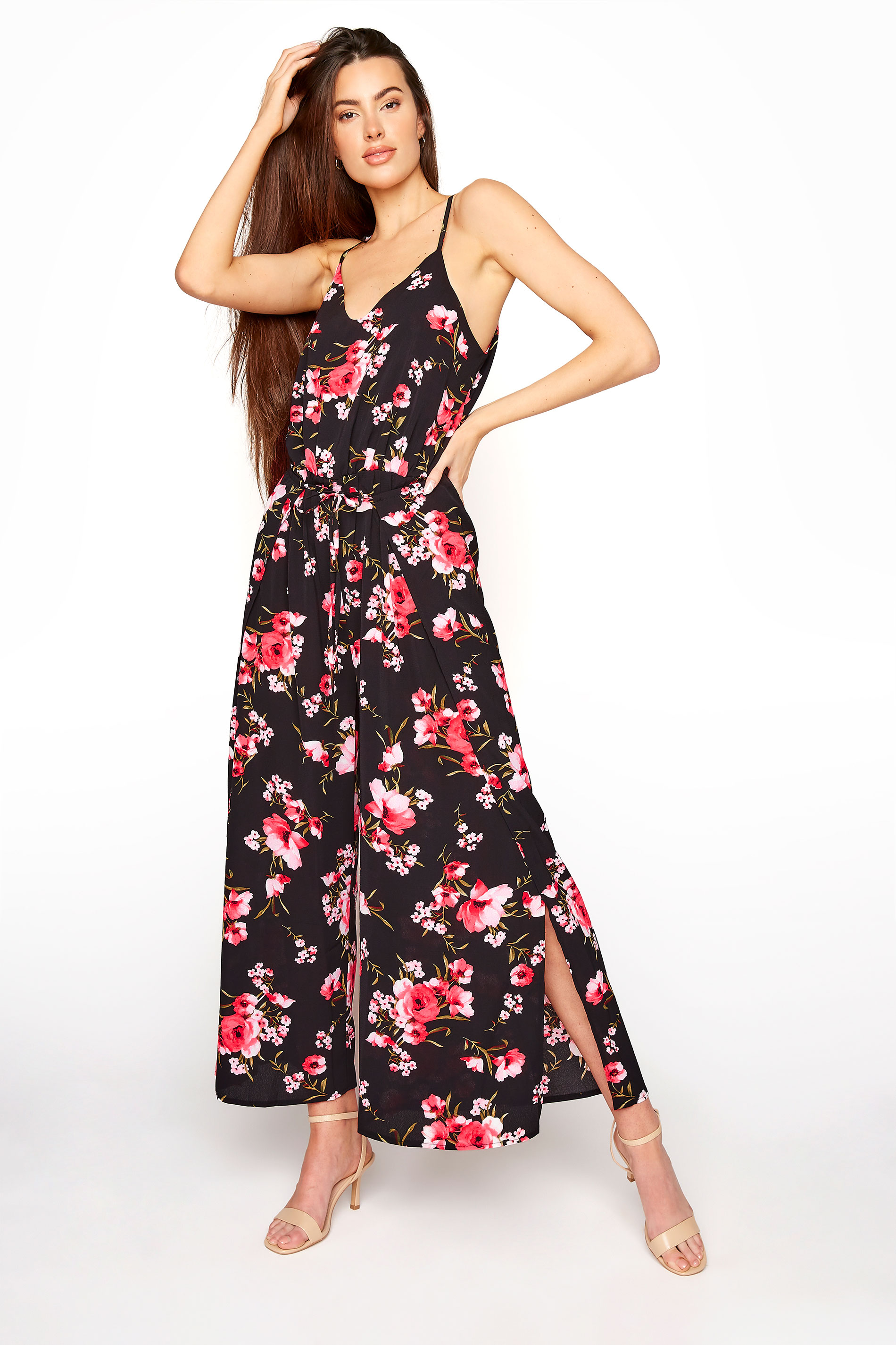 LTS Tall Black Floral Wide Leg Strappy Jumpsuit 1
