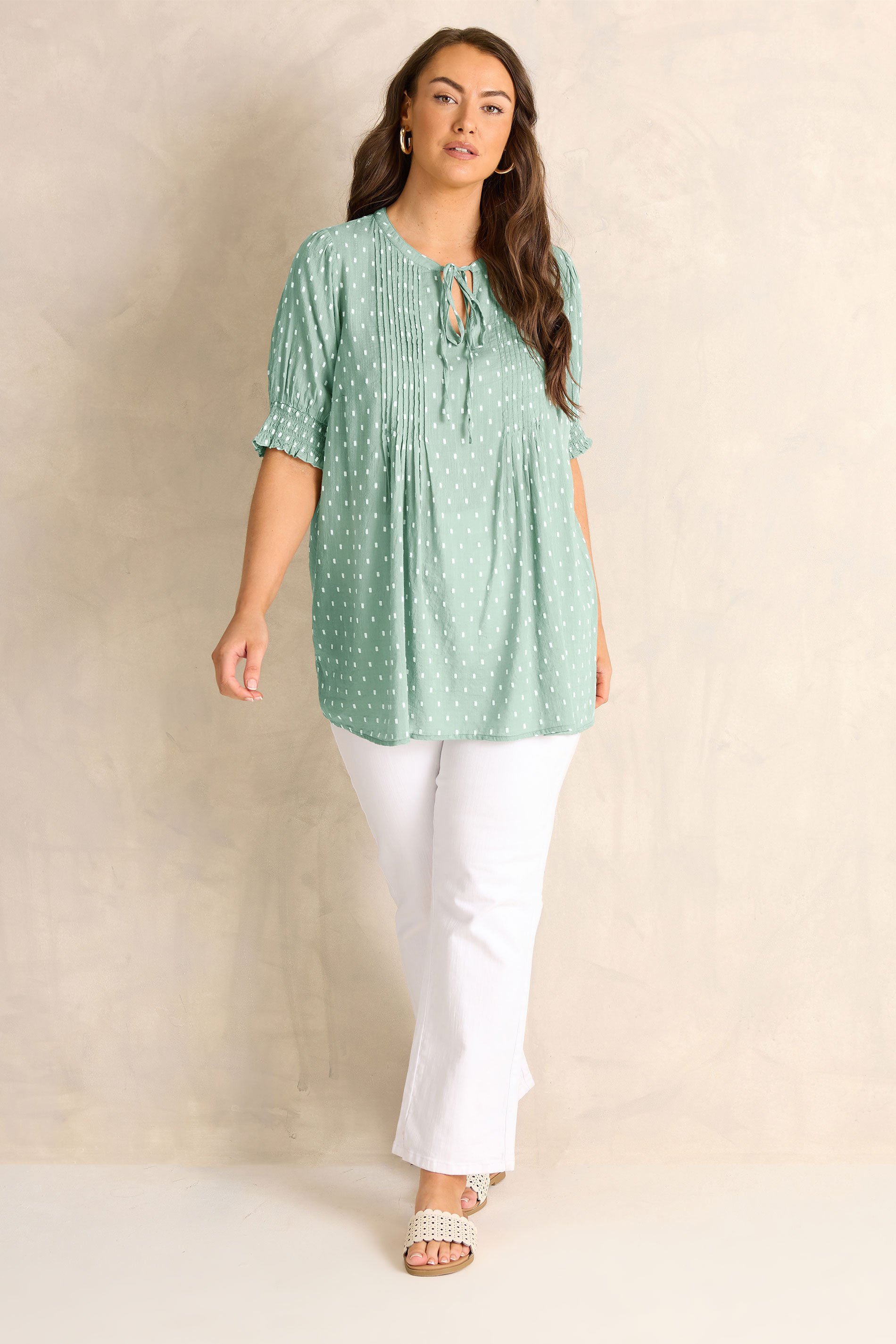 EVANS Curve Dobby Tie Neck Green Sage Blouse | Evans 1