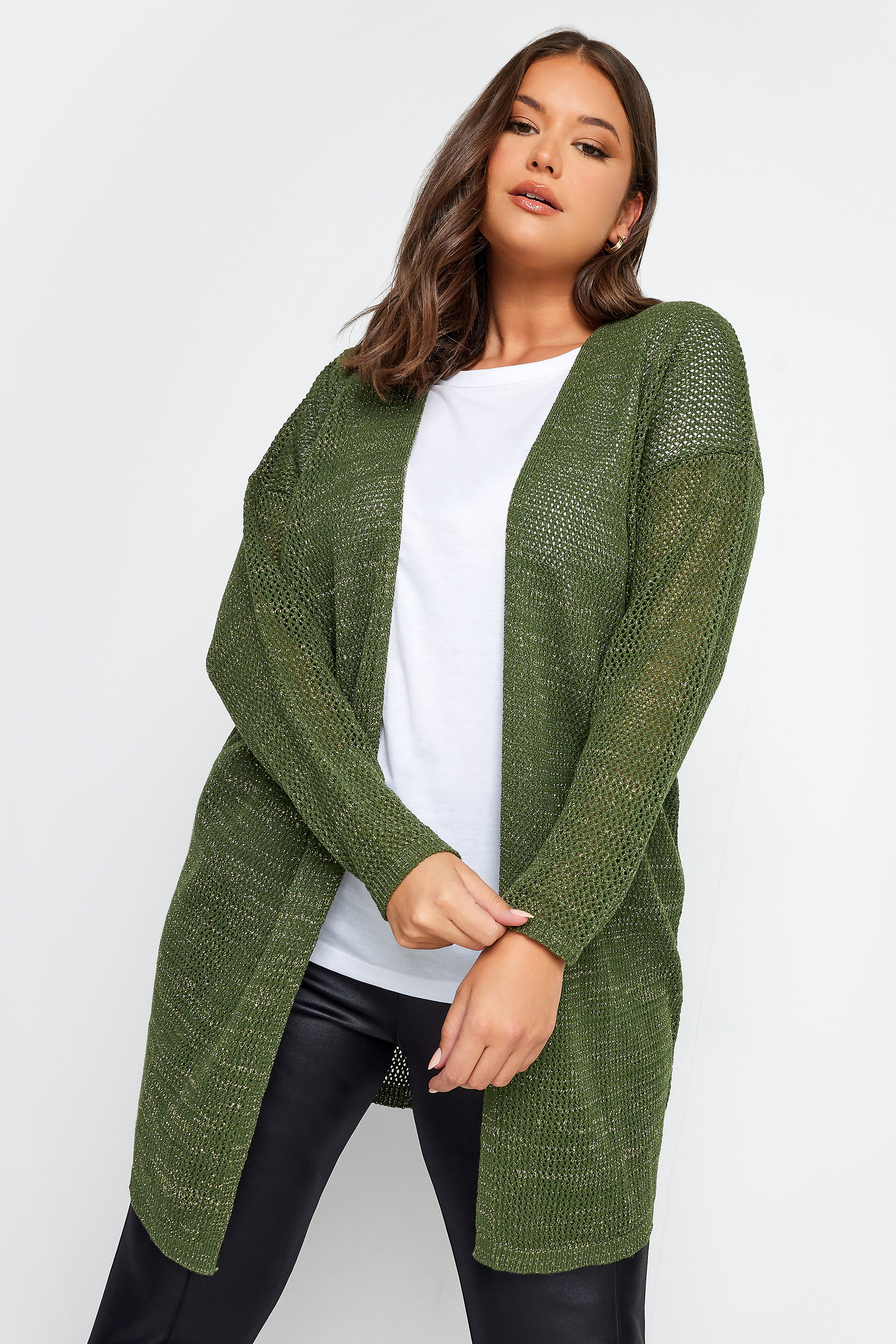YOURS Curve Plus Size Khaki Green Metallic Knit Cardigan | Yours Clothing  1