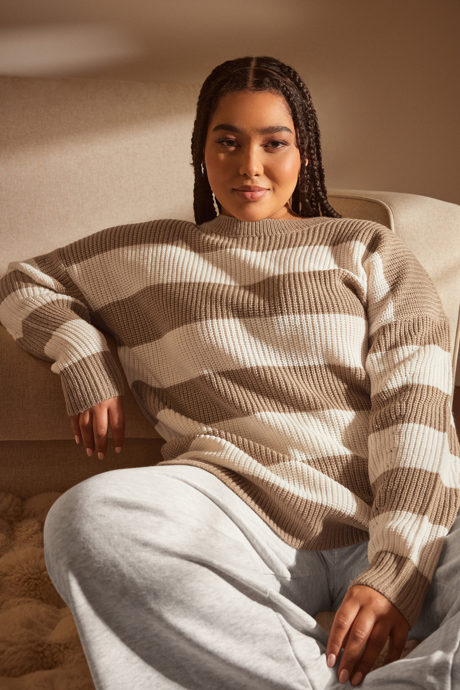 YOURS Plus Size Brown Stripe Ribbed Knit Jumper | Yours Clothing 1