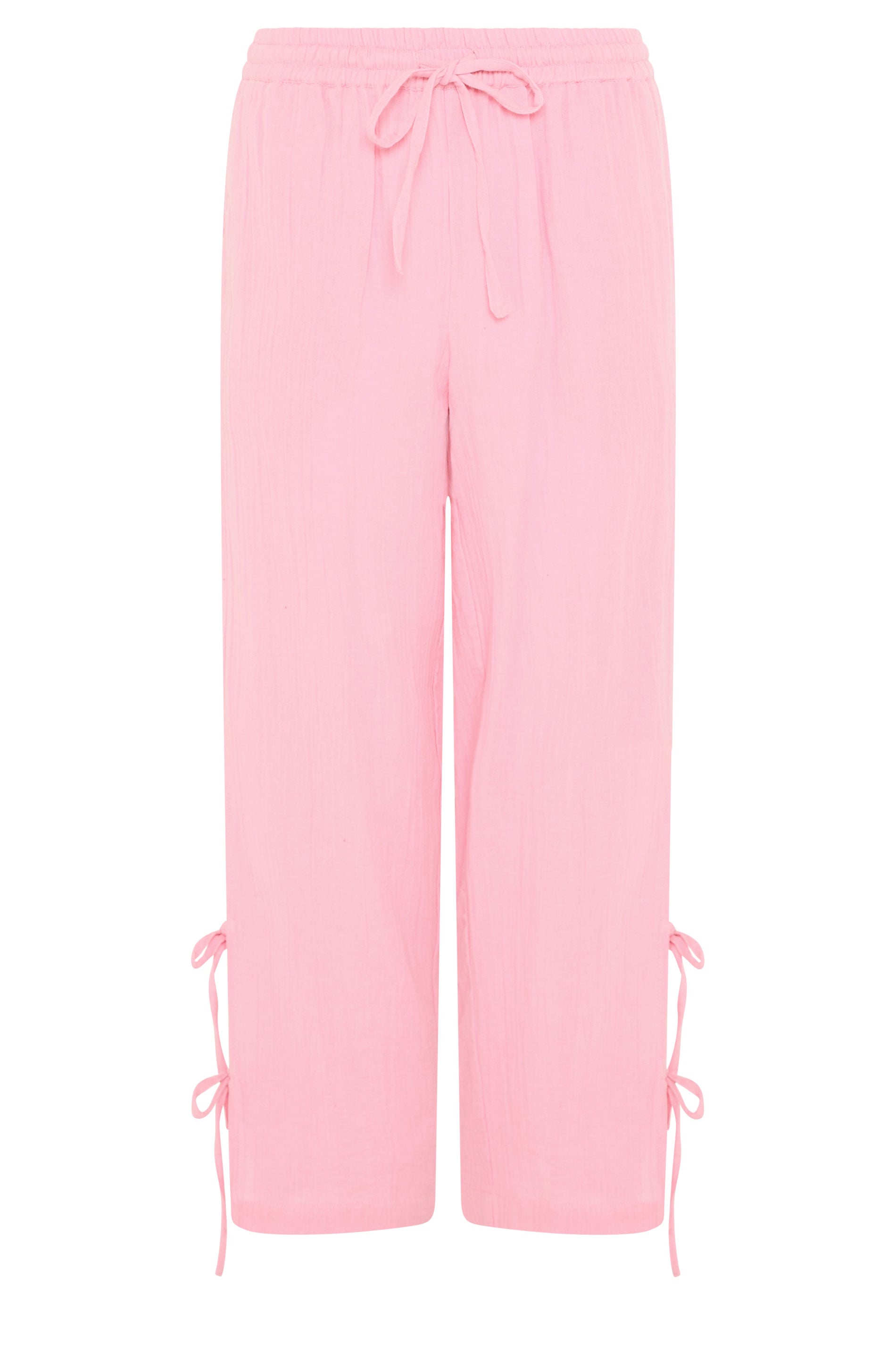 PixieGirl Petite Women's Pink Tie Detail Cotton Cheesecloth Wide Leg Trousers | PixieGirl 5