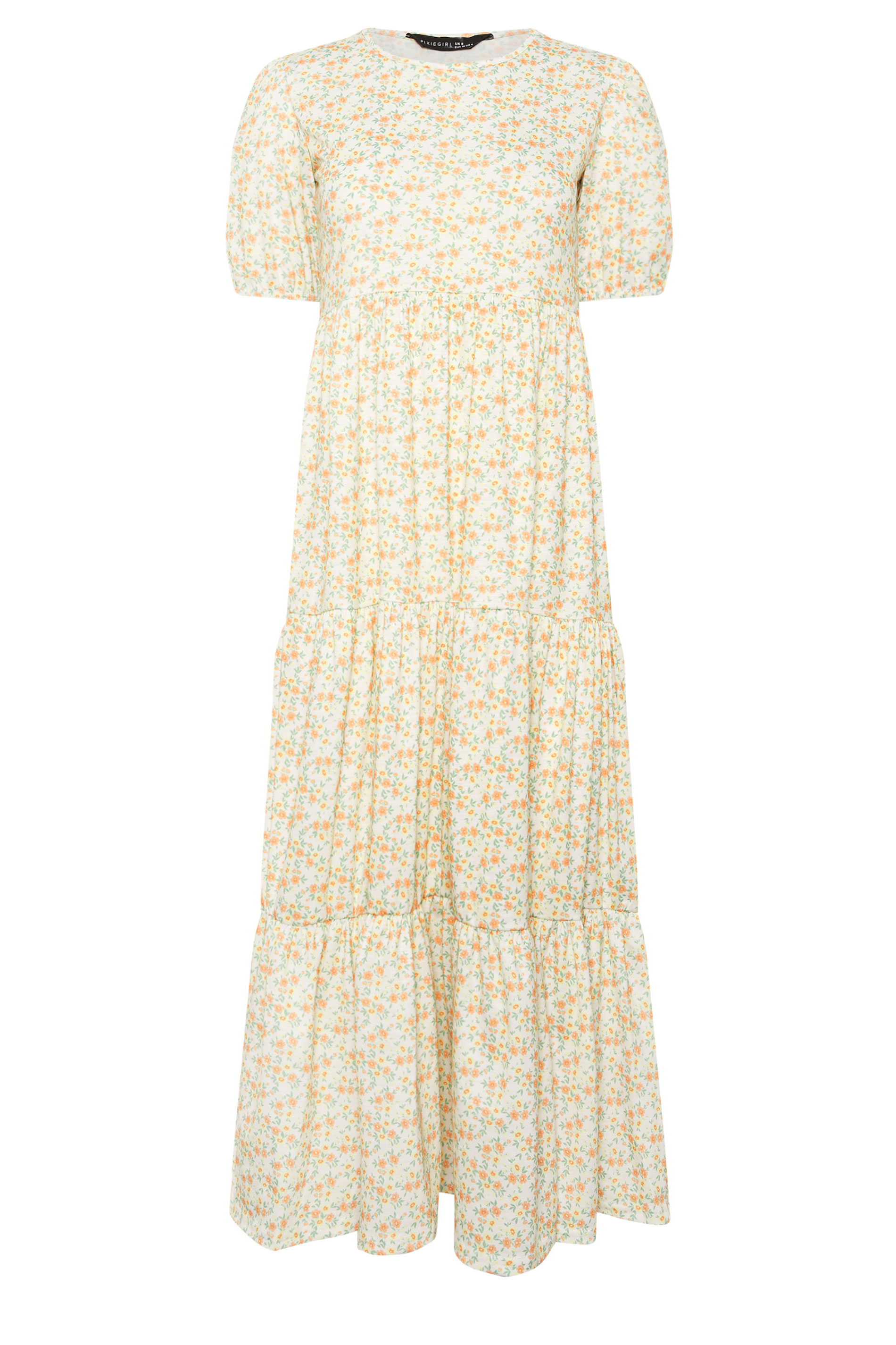 PixieGirl Petite Women's Orange Ditsy Floral Tiered Maxi Dress | PixieGirl 5