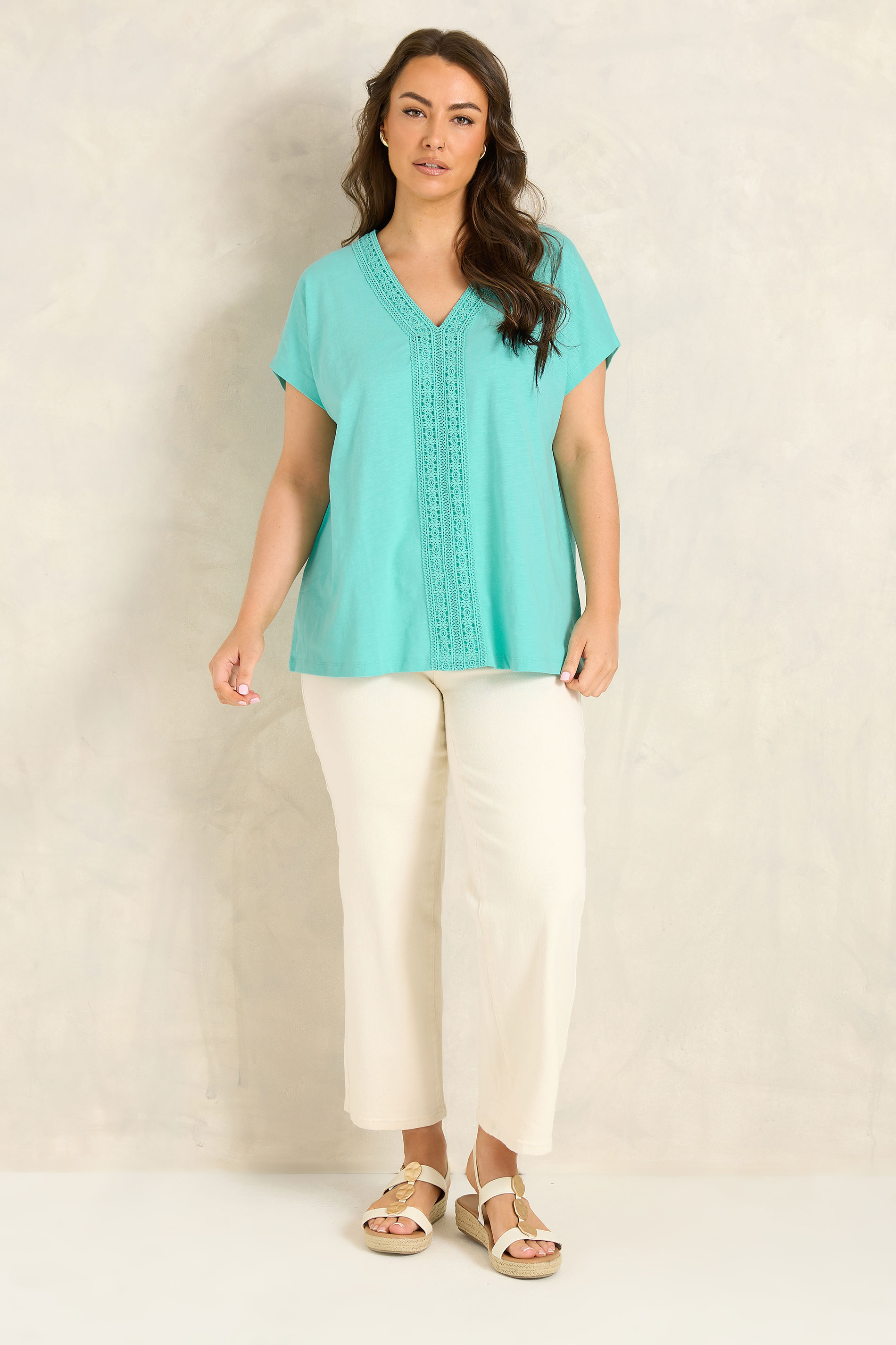 EVANS Plus Size Aqua Blue Cotton Crochet Trim Top | Evans 1