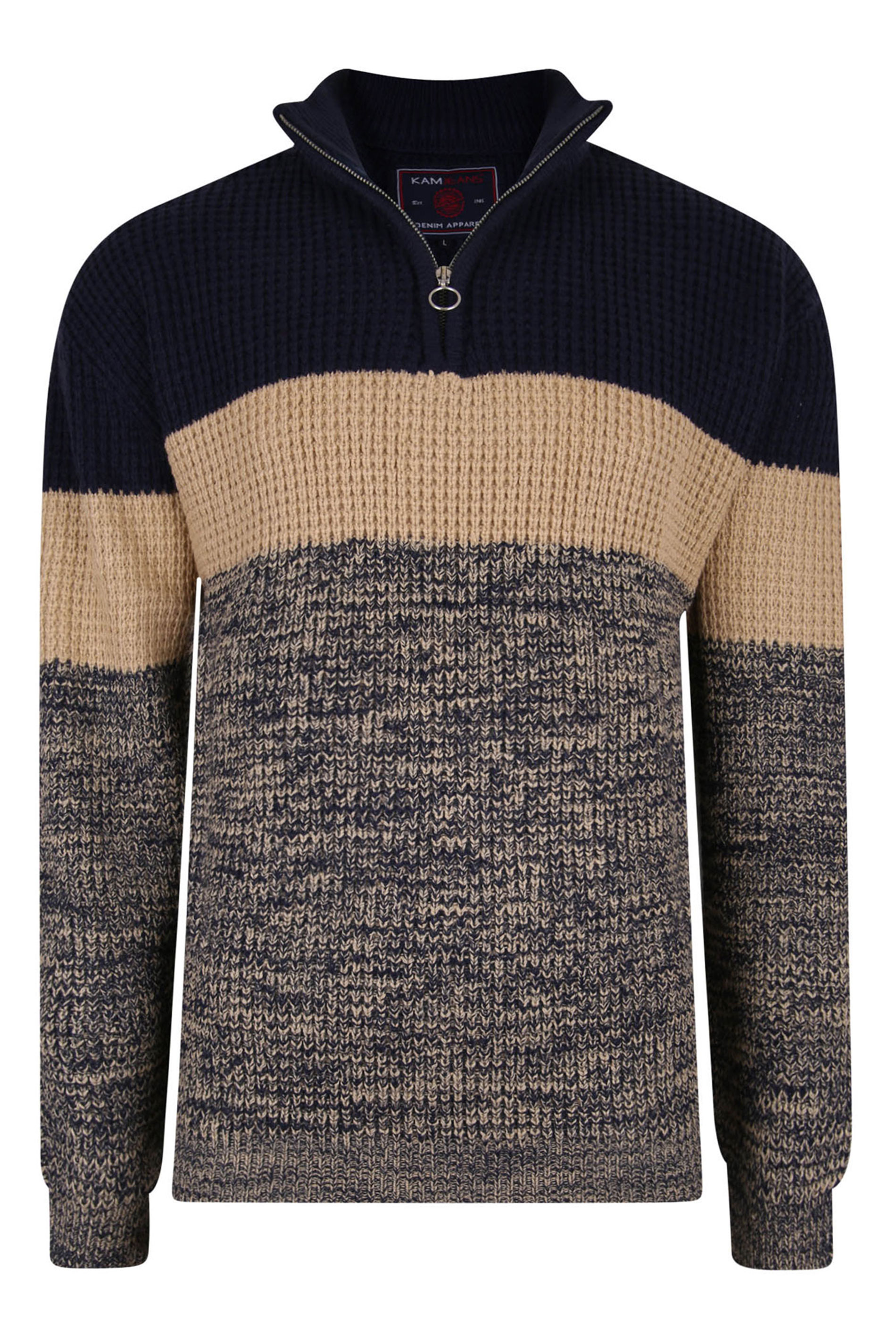 KAM Stone Grey Stripe Quarter Zip Knitted Jumper | BadRhino | Yours ...