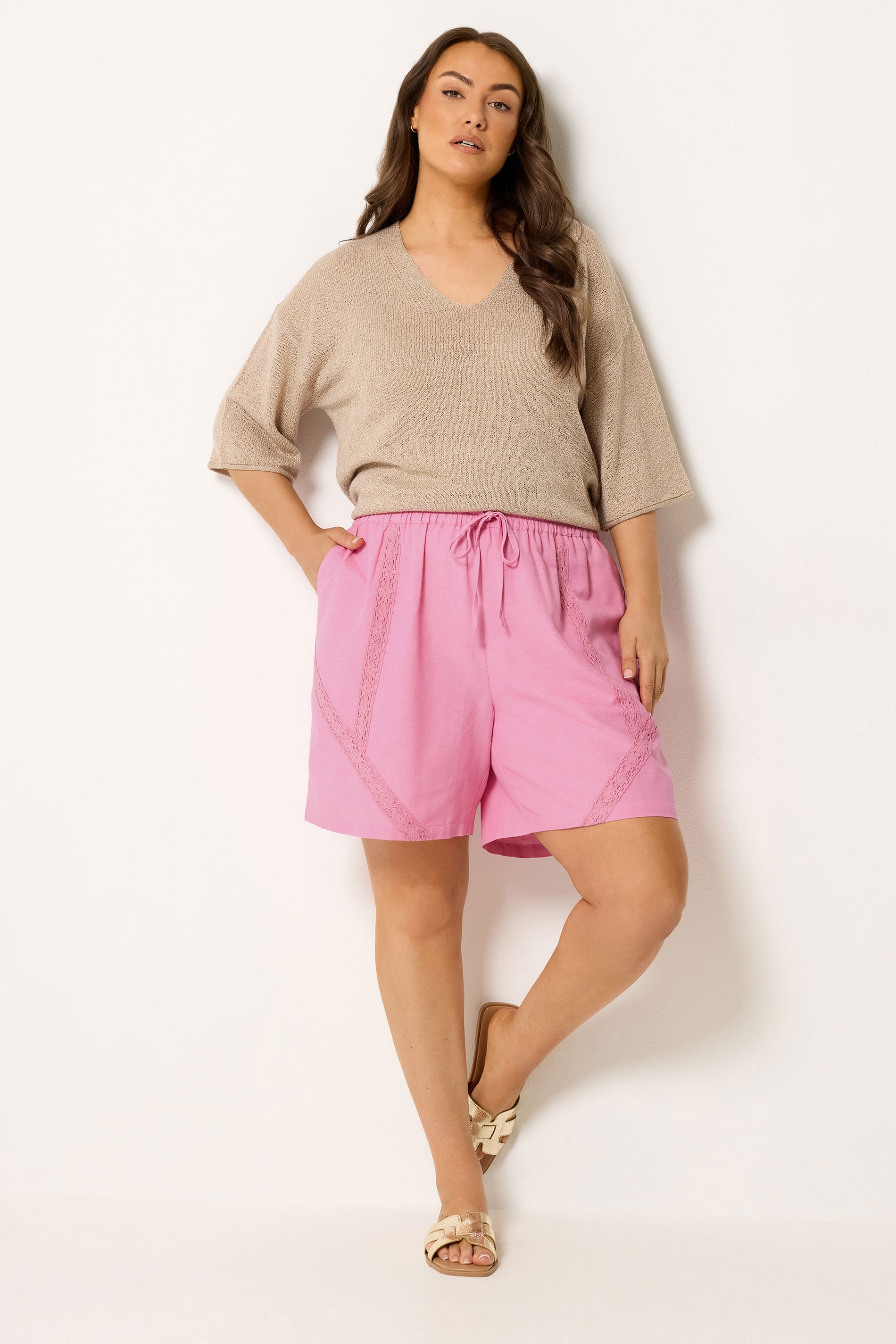 YOURS Plus Size Pink Crochet Drawstring Shorts | Yours Clothing 1