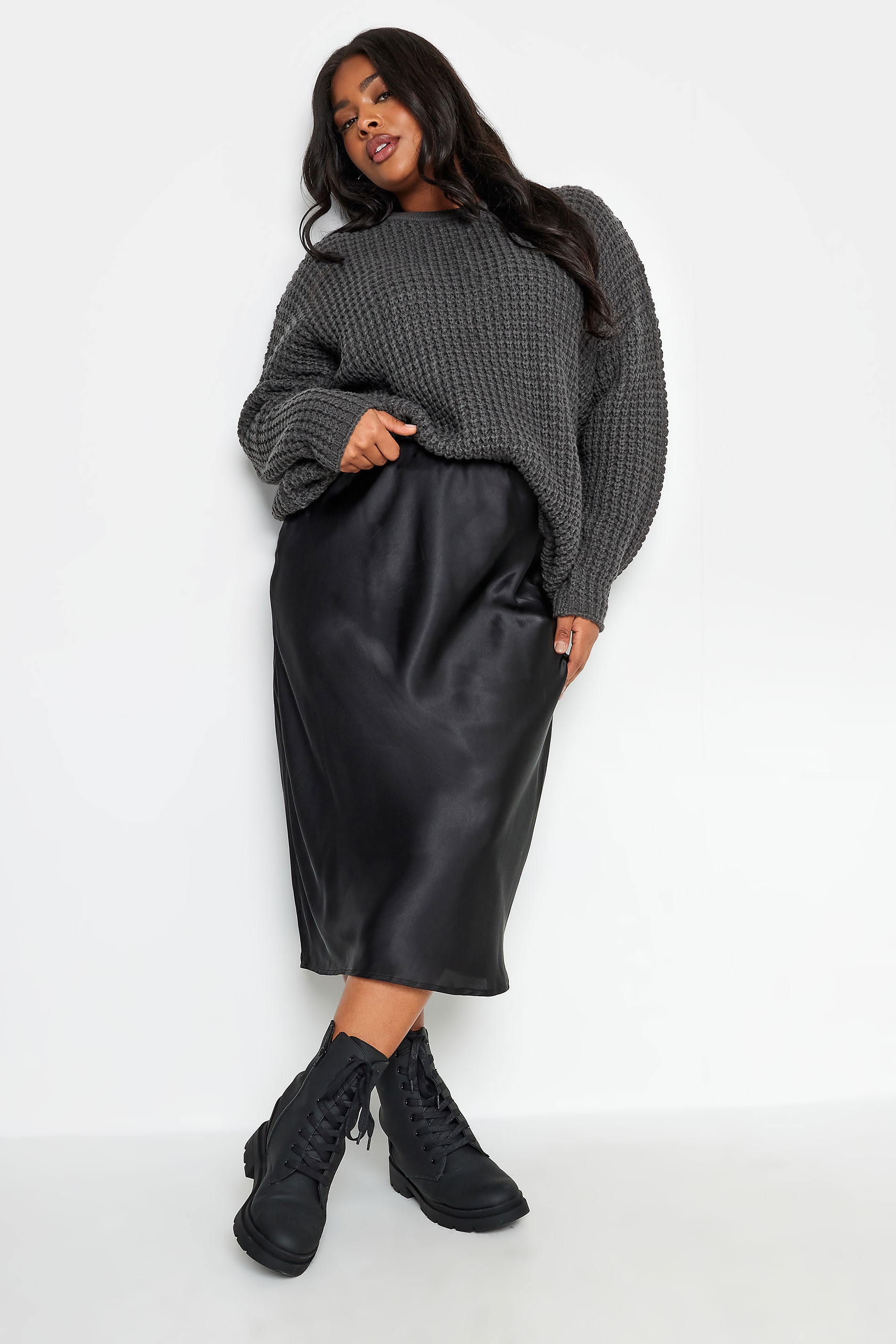 YOURS Plus Size Slate Grey Waffle Knit Jumper | Yours Clothing 3