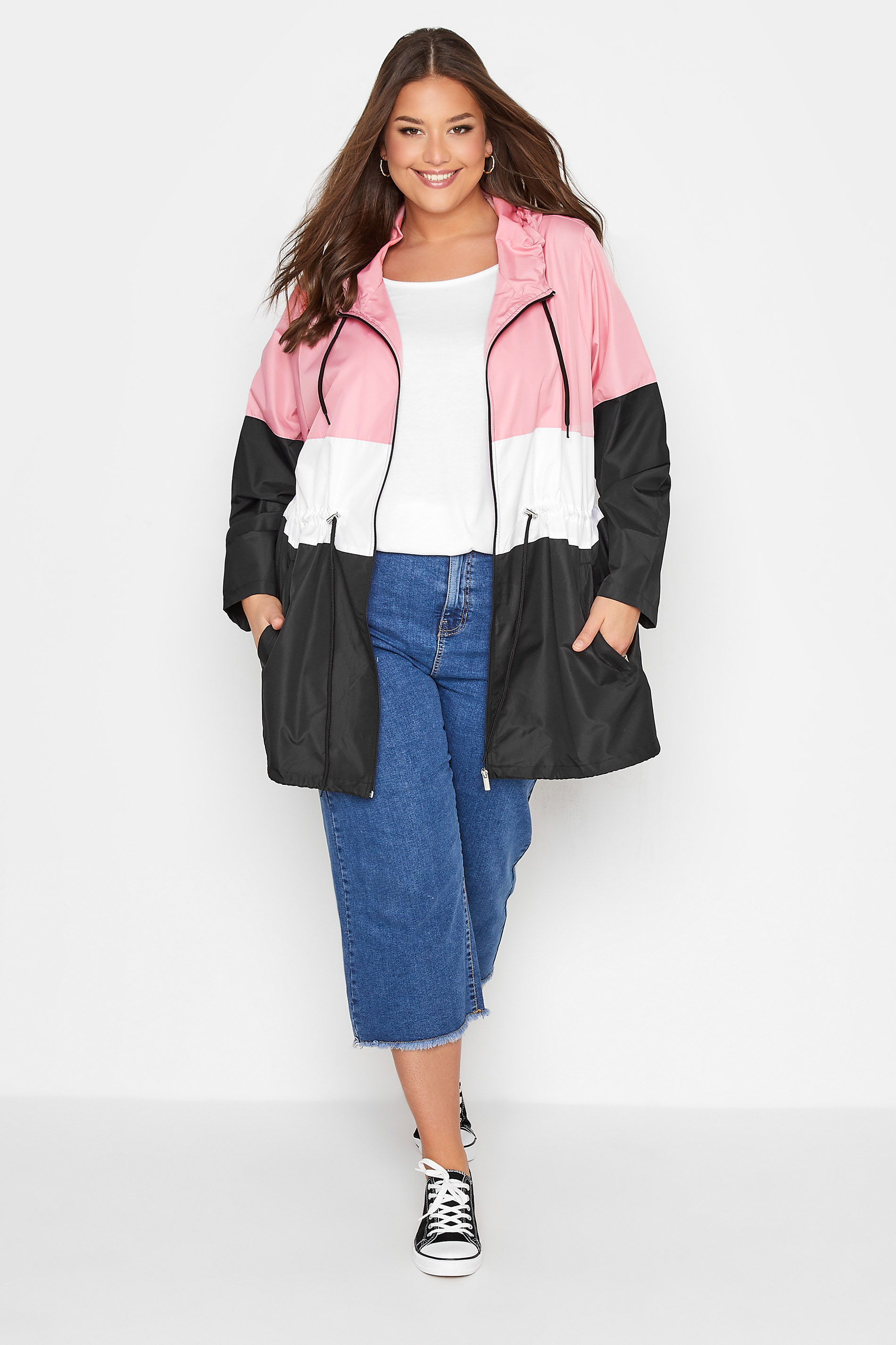 Plus Size Black & Pink Colour Block Pocket Parka | Yours Clothing 3