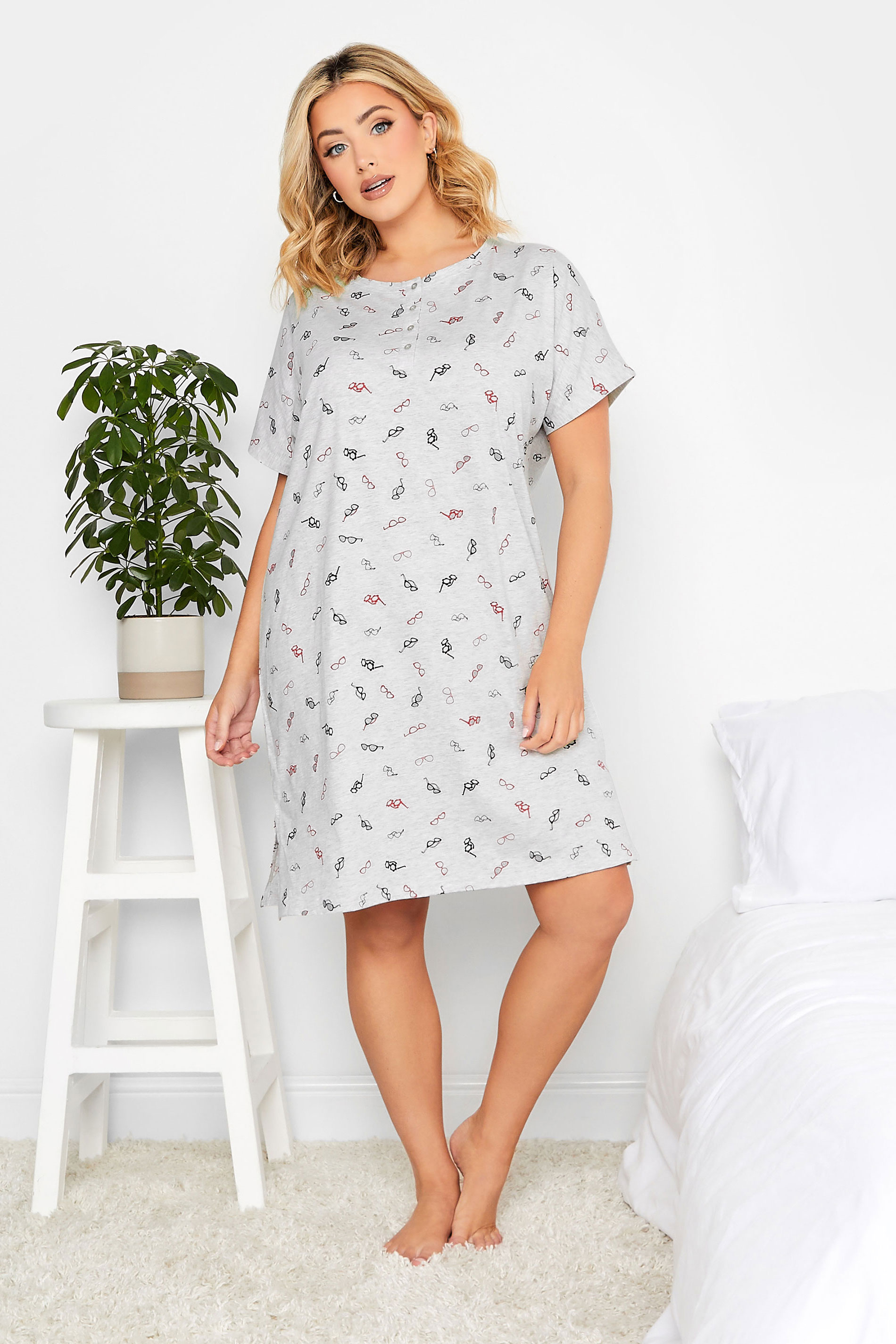 YOURS Plus Size Grey Sunglasses Print Placket Nightdress | Yours Clothing  1