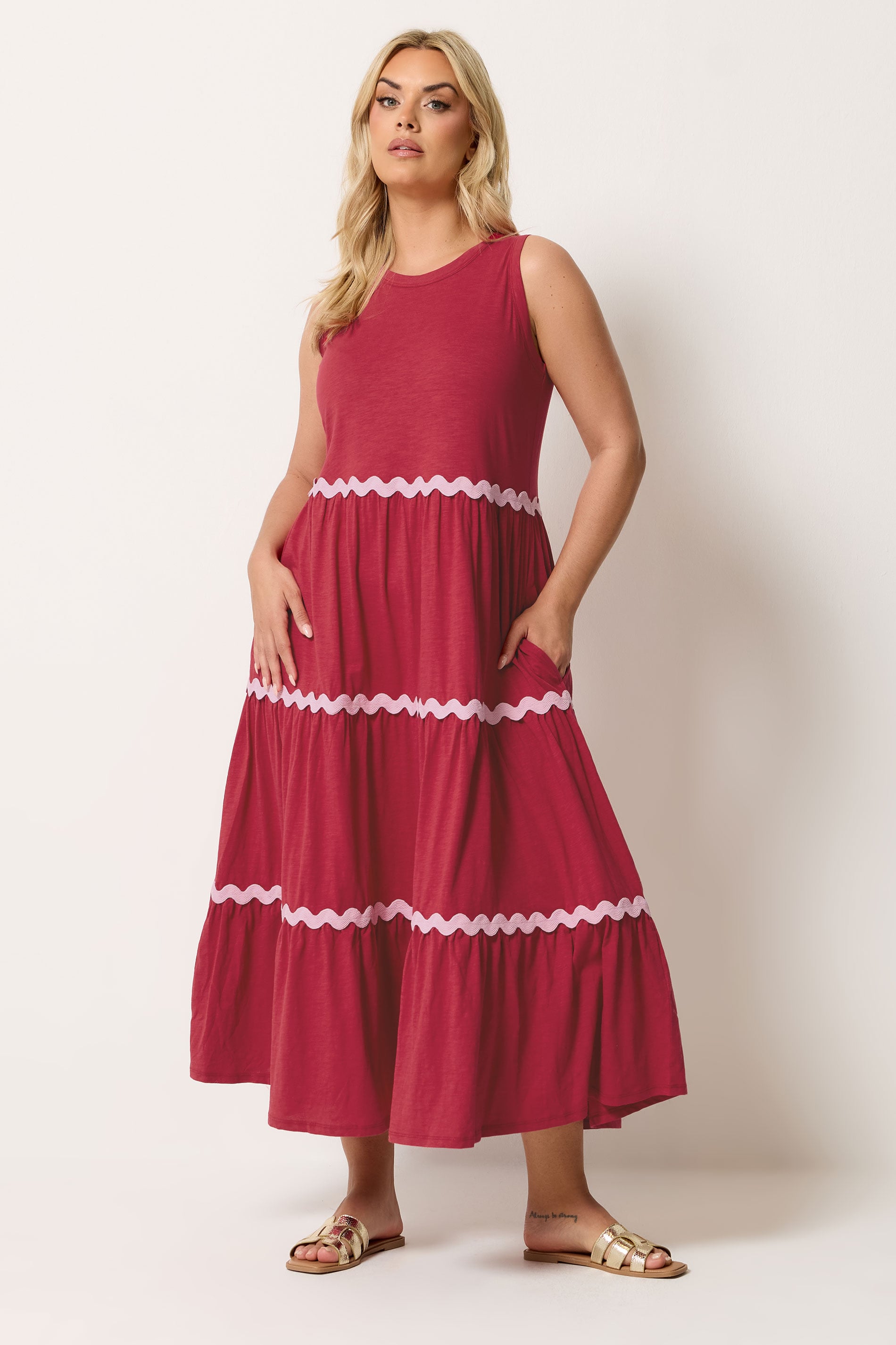 YOURS Plus Size Red Swirl Trim Tiered Maxi Dress | Yours Clothing 3