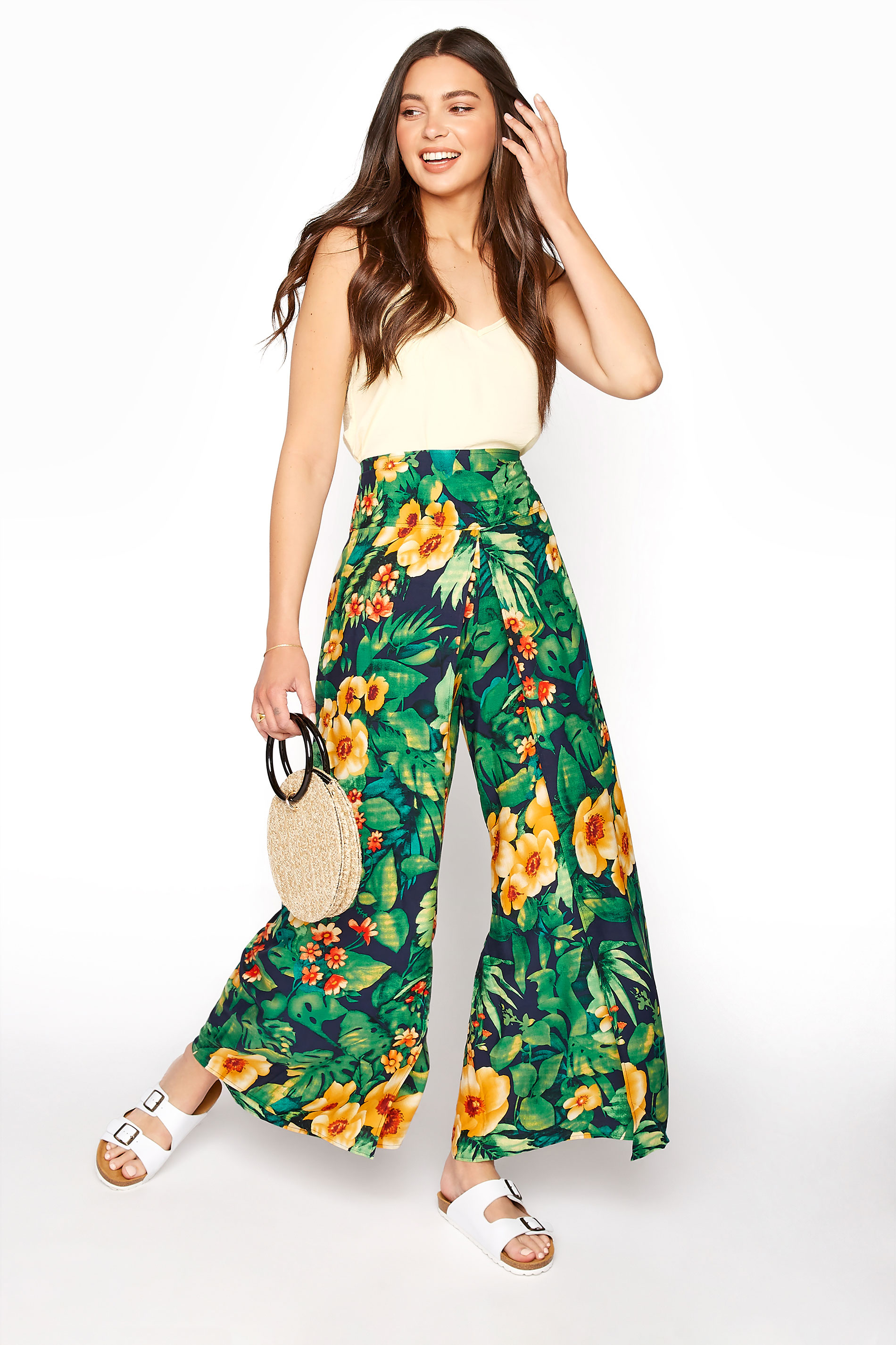 LTS Green Tropical Print Overlay Wide Leg Trousers