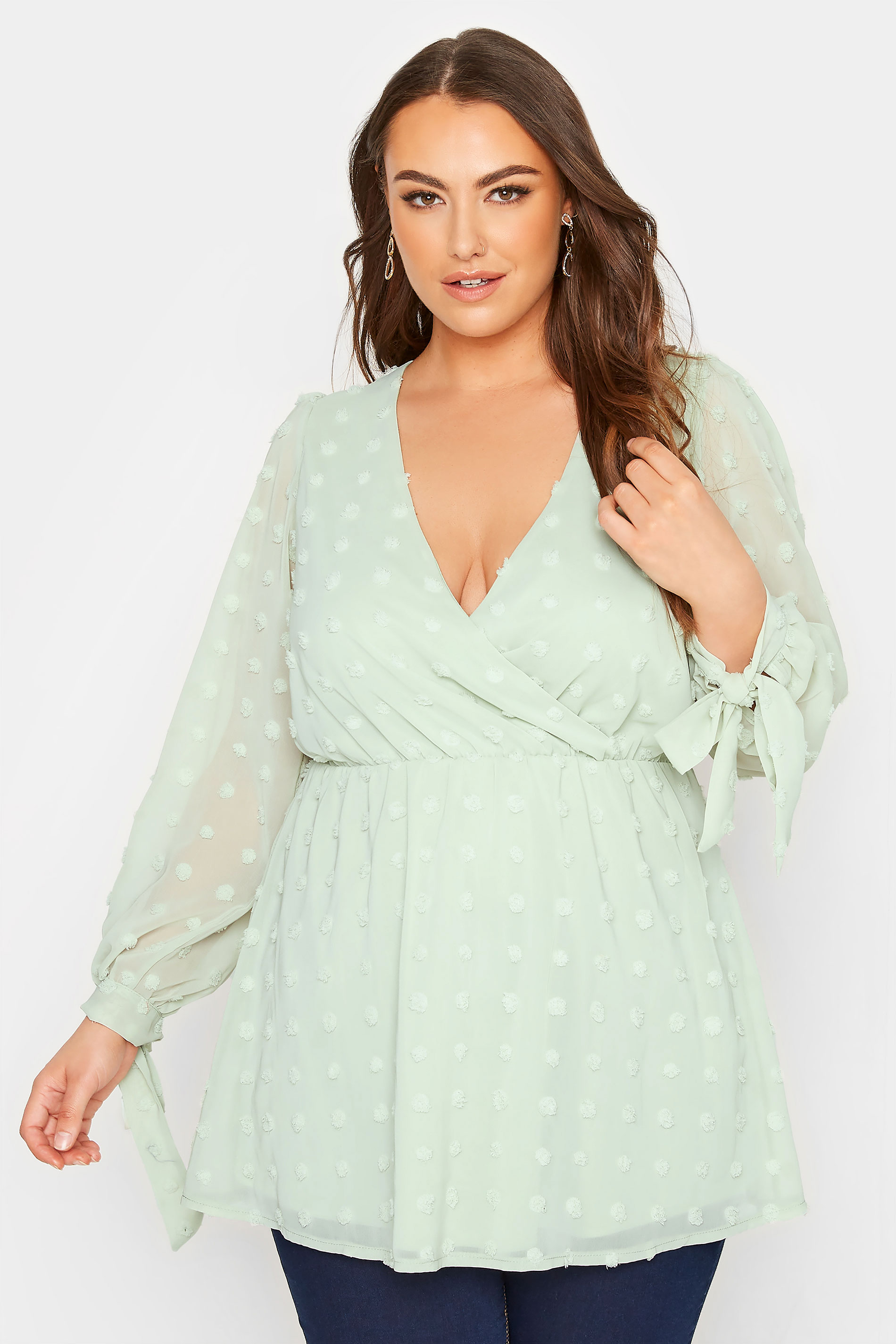 YOURS LONDON Curve Sage Green Spot Wrap Top_A.jpg