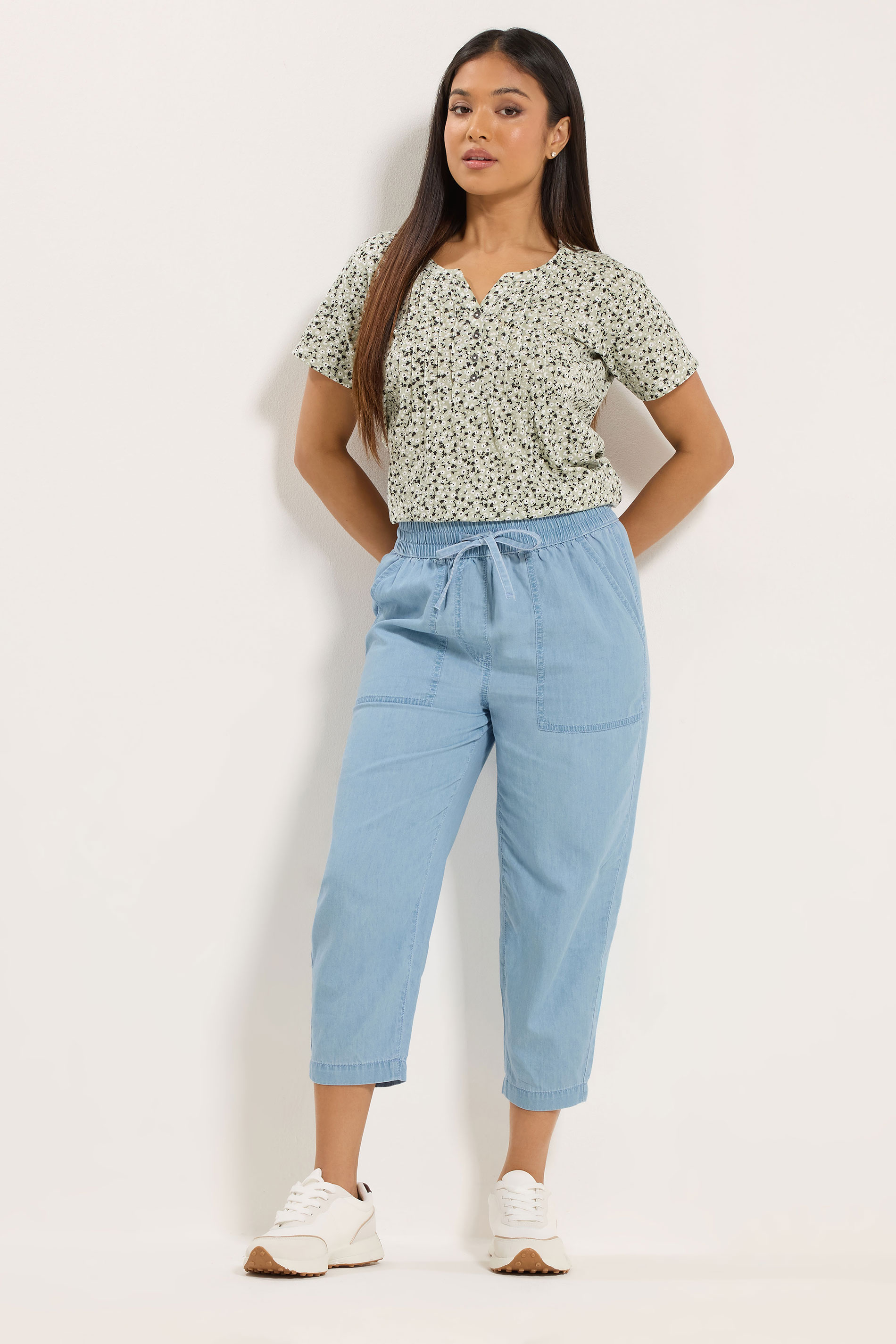 M&Co Petite Blue Lightwash Denim Cropped Cotton Trousers | M&Co 1