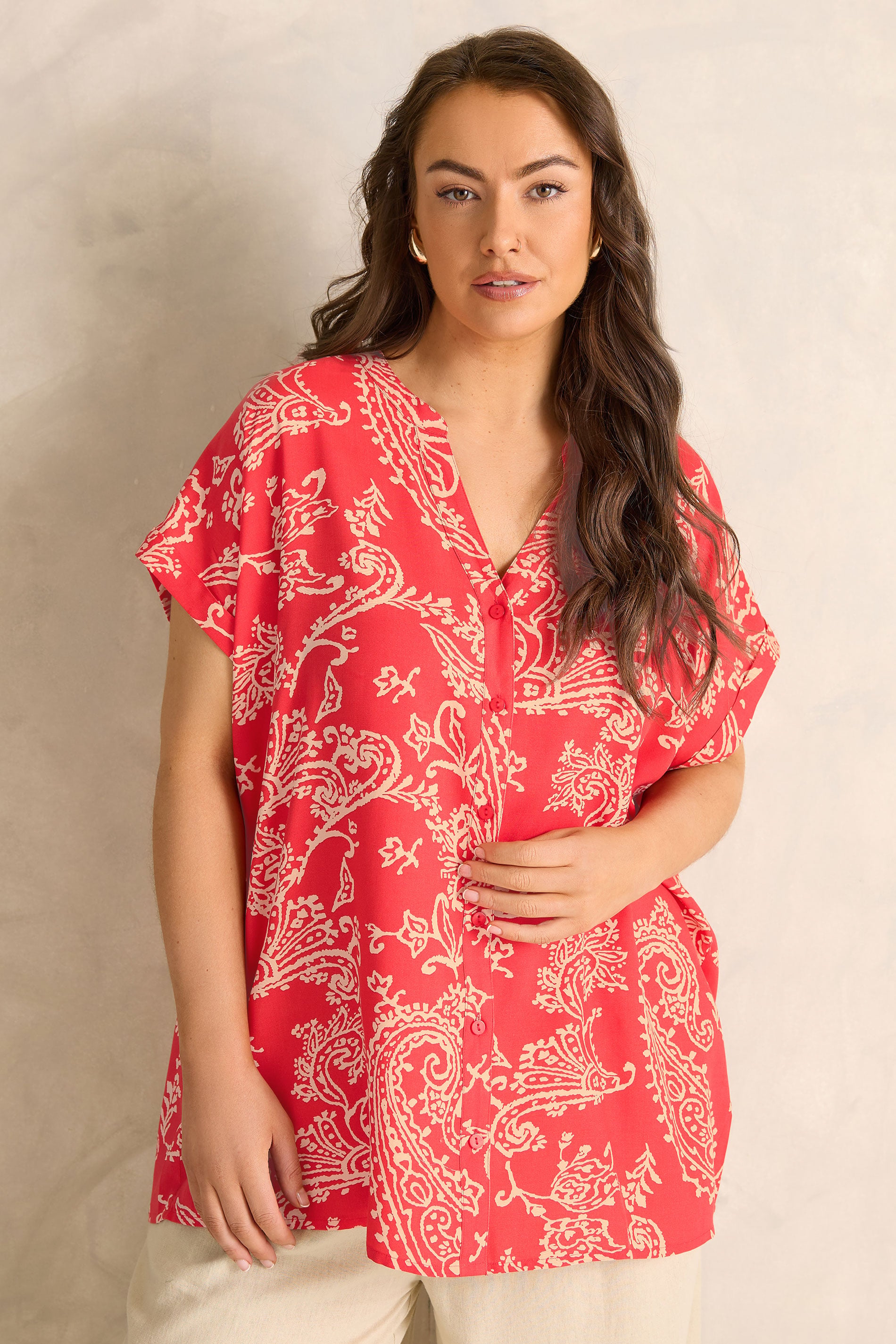 EVANS Plus Size Red Paisley Notch Neck Modal Shirt | Evans 3