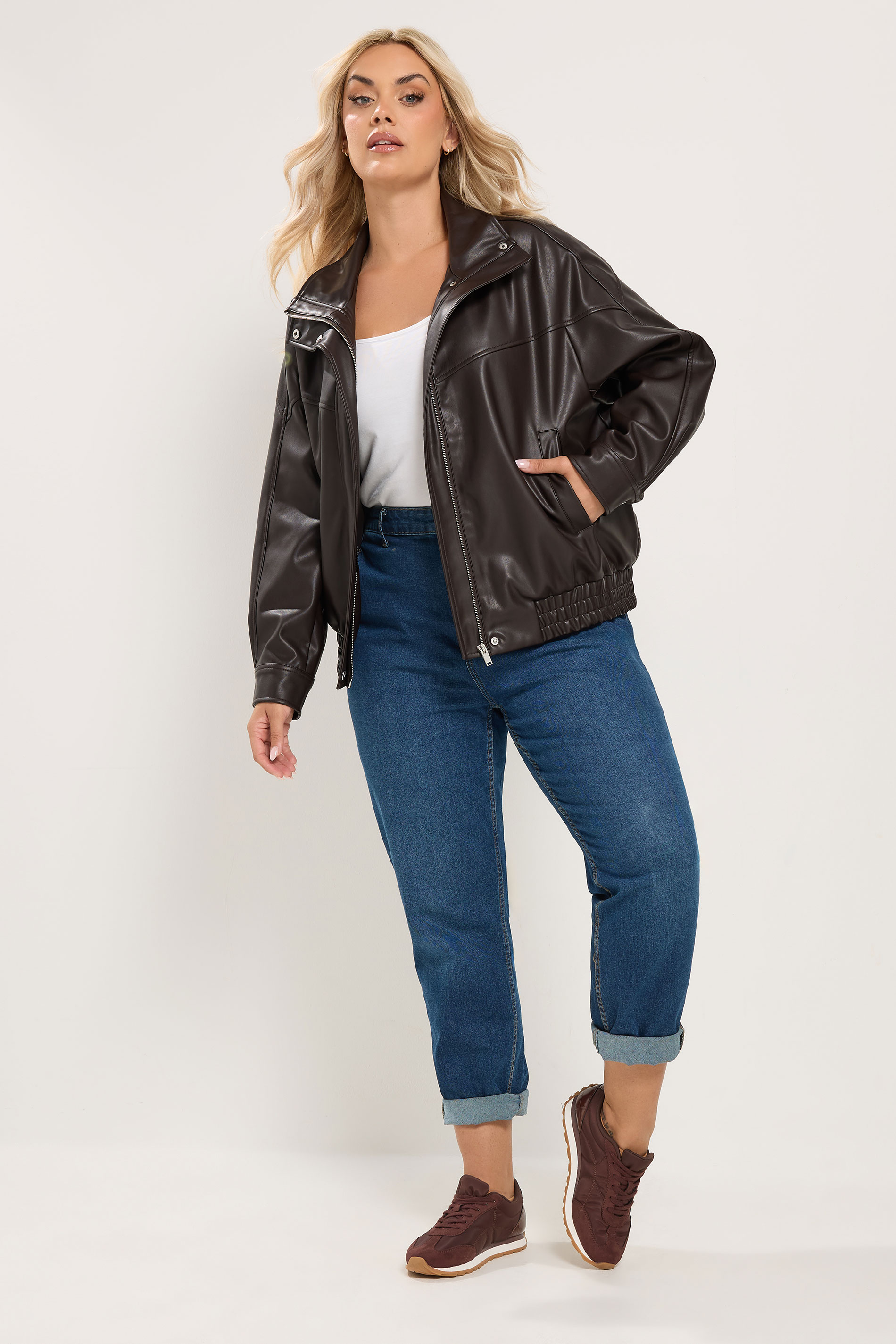 YOURS Plus Size Chocolate Brown Faux Leather Funnel Neck Jacket | Yours Clothing 2
